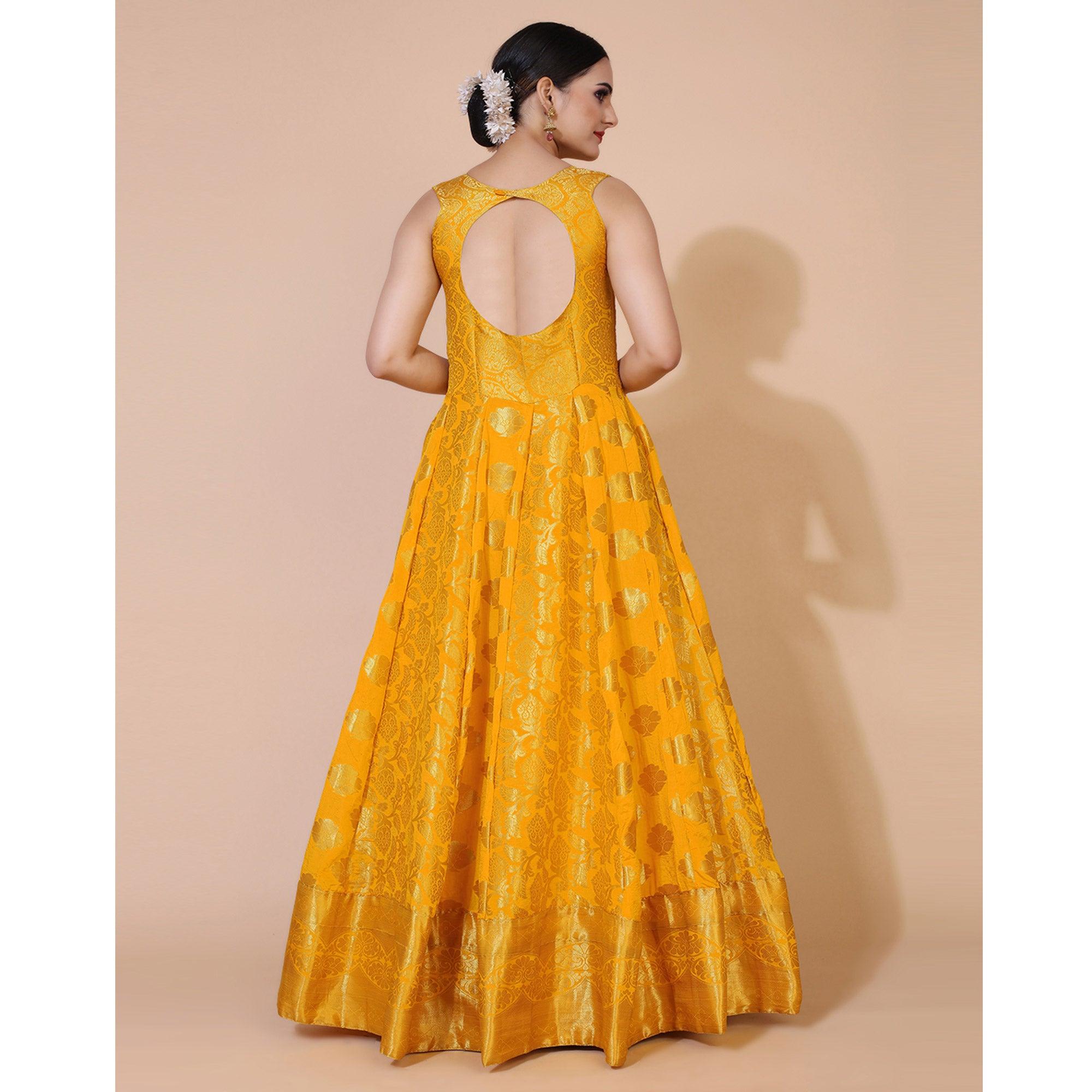Yellow Floral Woven Jacquard Anarkali Style Gown - Peachmode