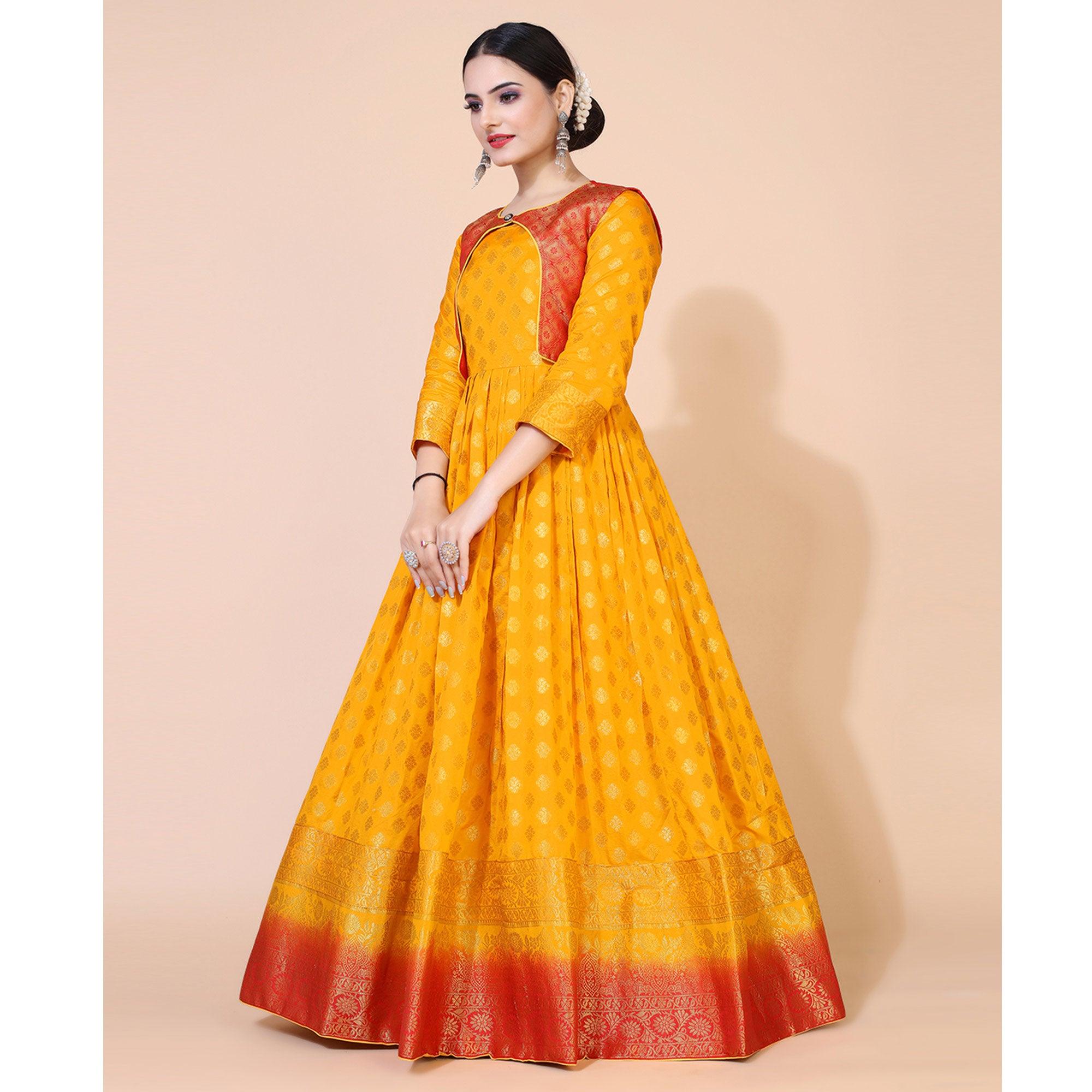 Yellow Floral Woven Jacquard Anarkali Style Gown - Peachmode