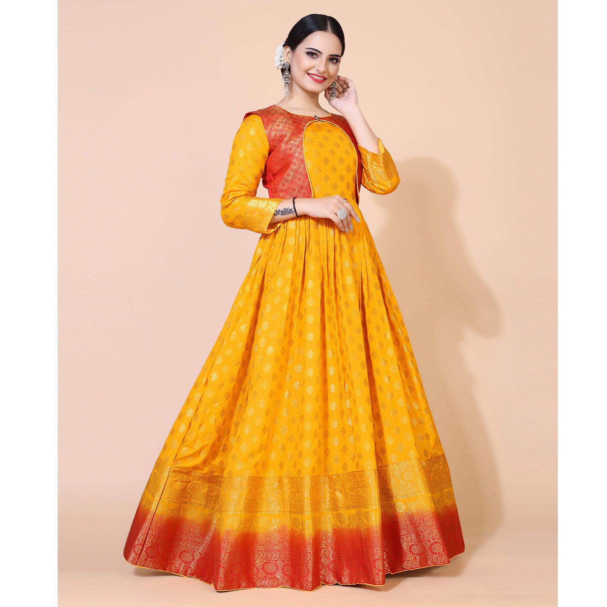 Yellow Floral Woven Jacquard Anarkali Style Gown - Peachmode