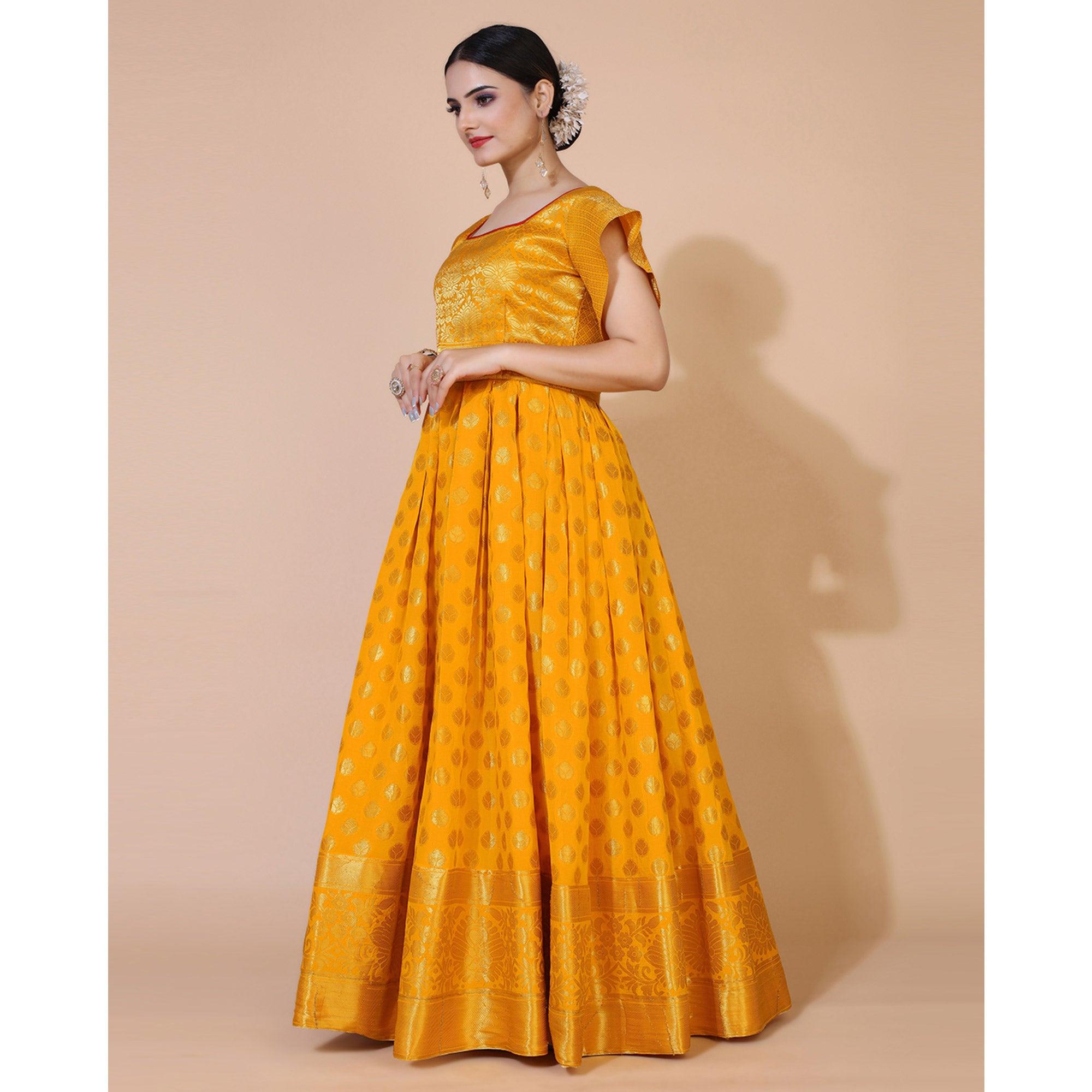Yellow Floral Woven Jacquard Anarkali Style Gown - Peachmode