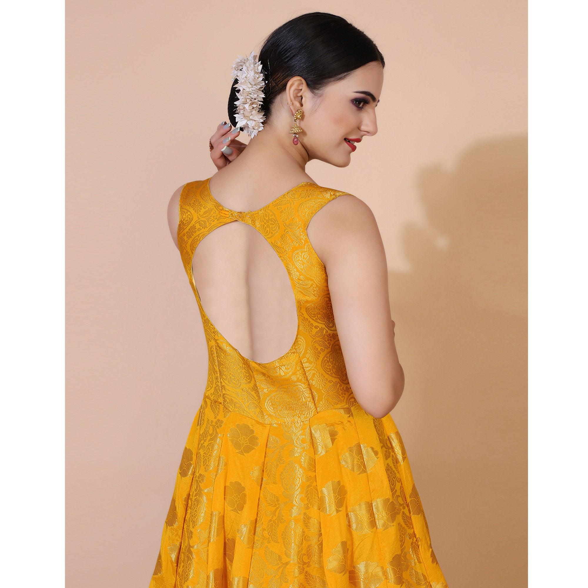 Yellow Floral Woven Jacquard Anarkali Style Gown - Peachmode