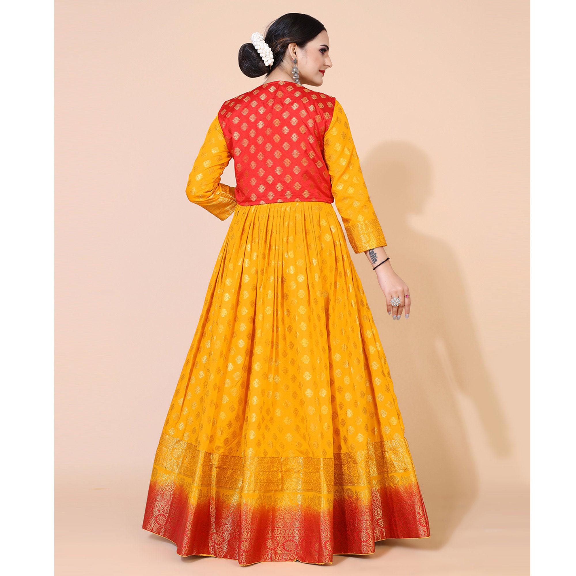 Yellow Floral Woven Jacquard Anarkali Style Gown - Peachmode