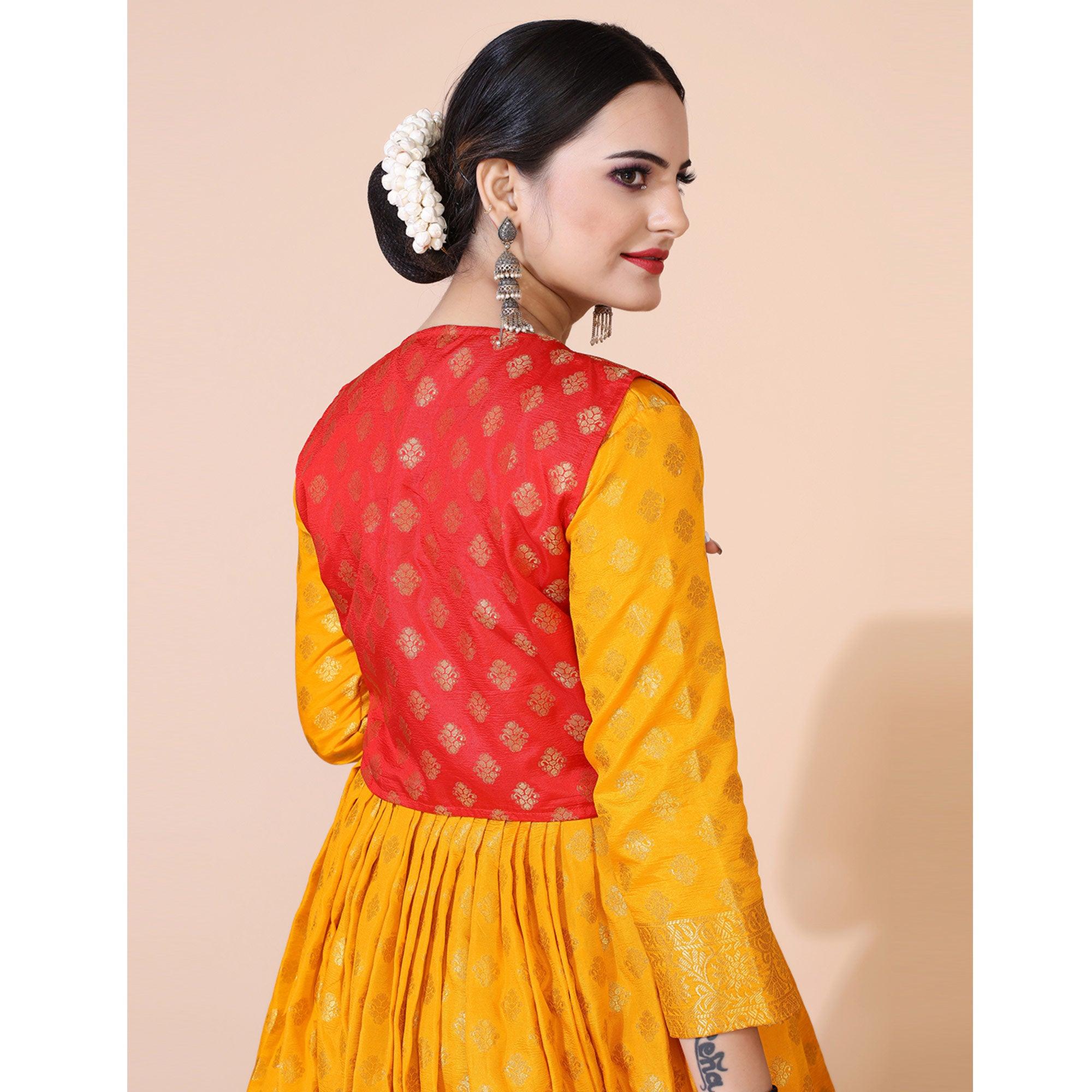 Yellow Floral Woven Jacquard Anarkali Style Gown - Peachmode