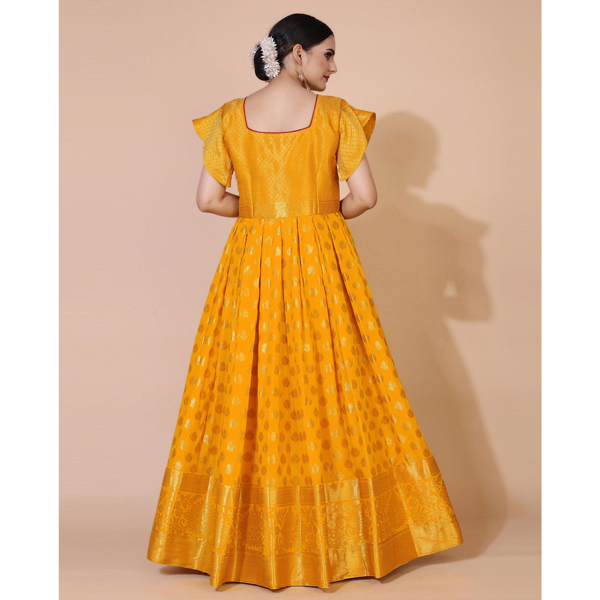 Yellow Floral Woven Jacquard Anarkali Style Gown - Peachmode