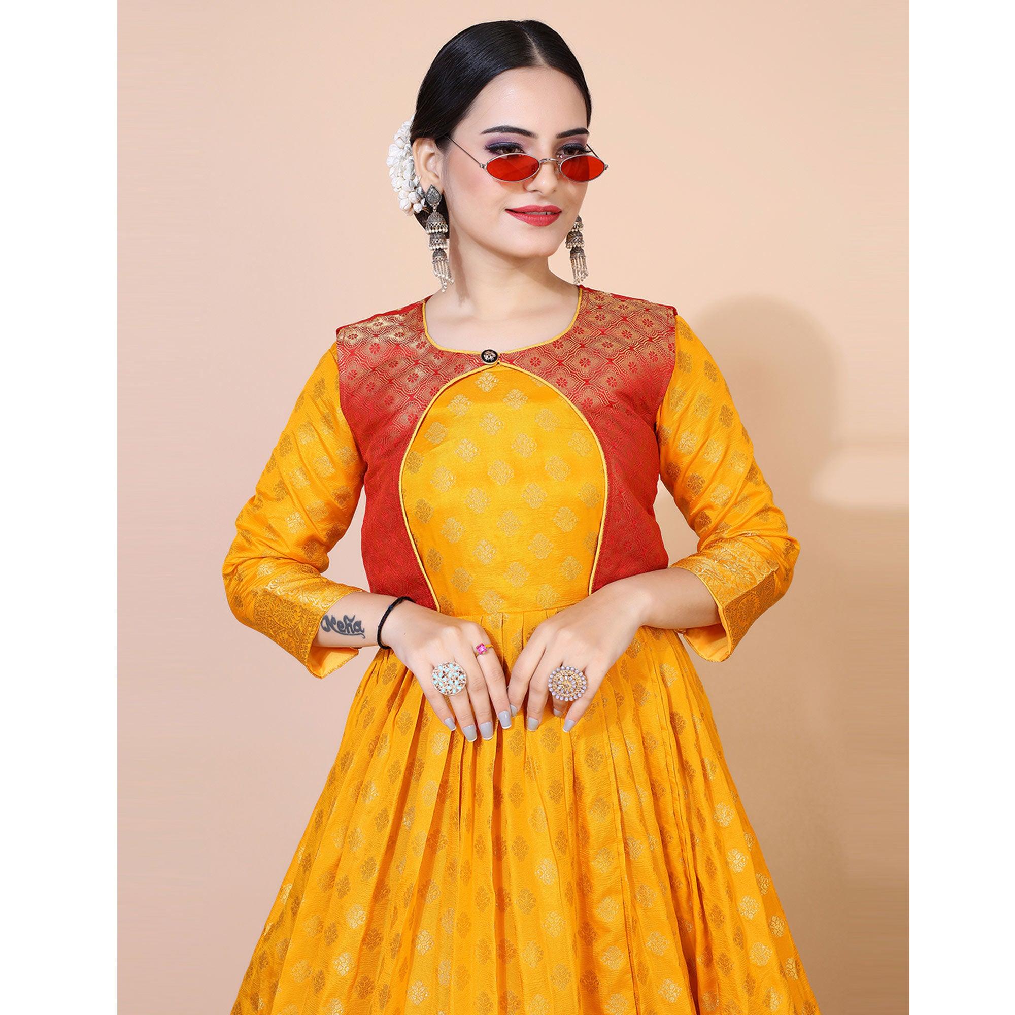Yellow Floral Woven Jacquard Anarkali Style Gown - Peachmode