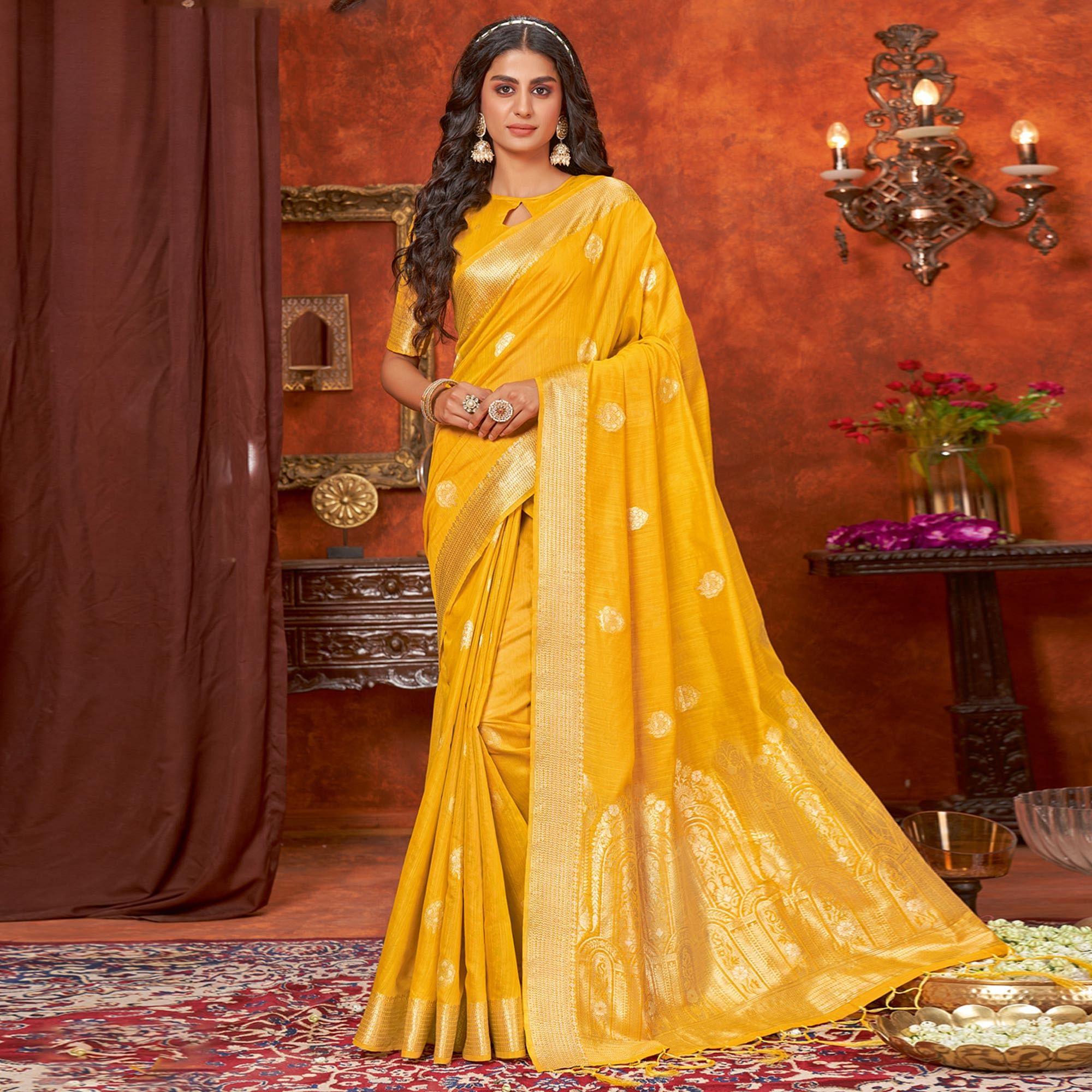 Yellow Floral Woven Pure Cotton Saree - Peachmode