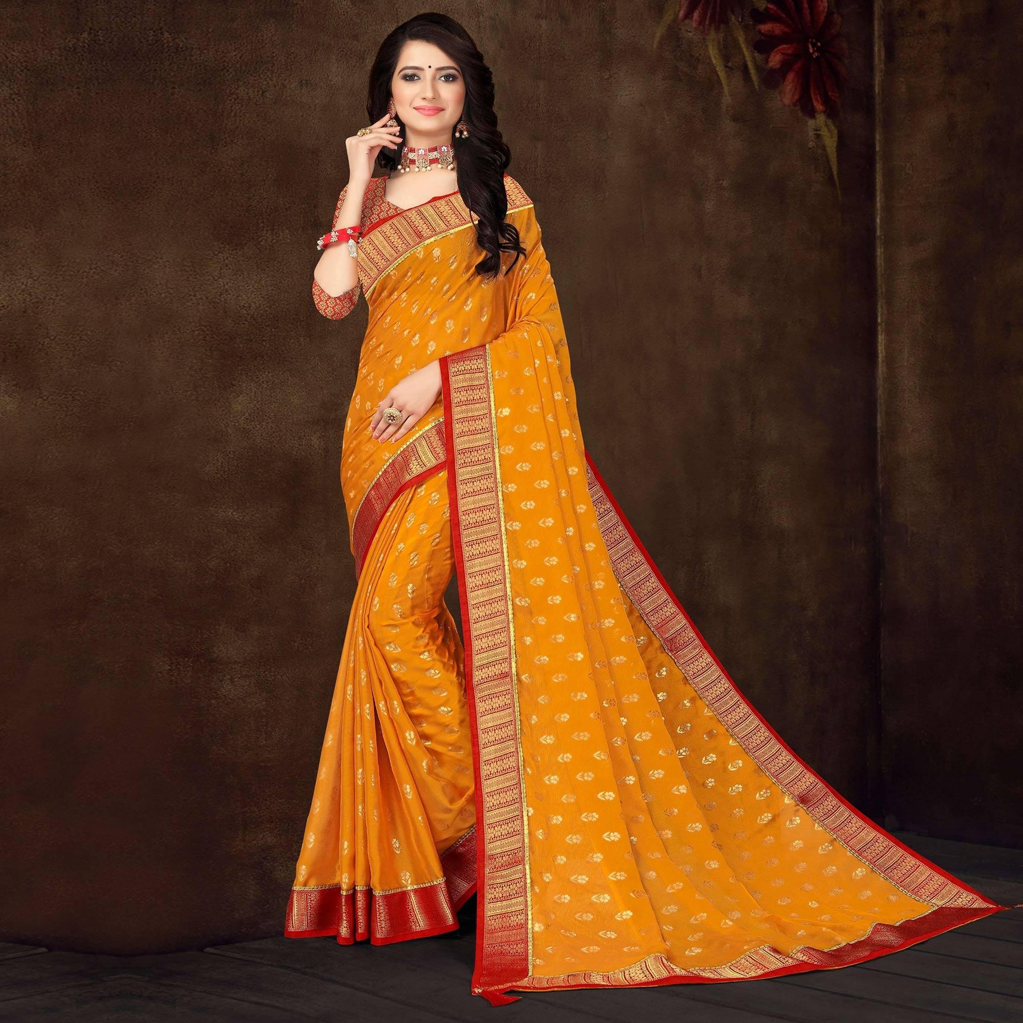 Yellow Floral Woven Vichitra Silk Saree - Peachmode