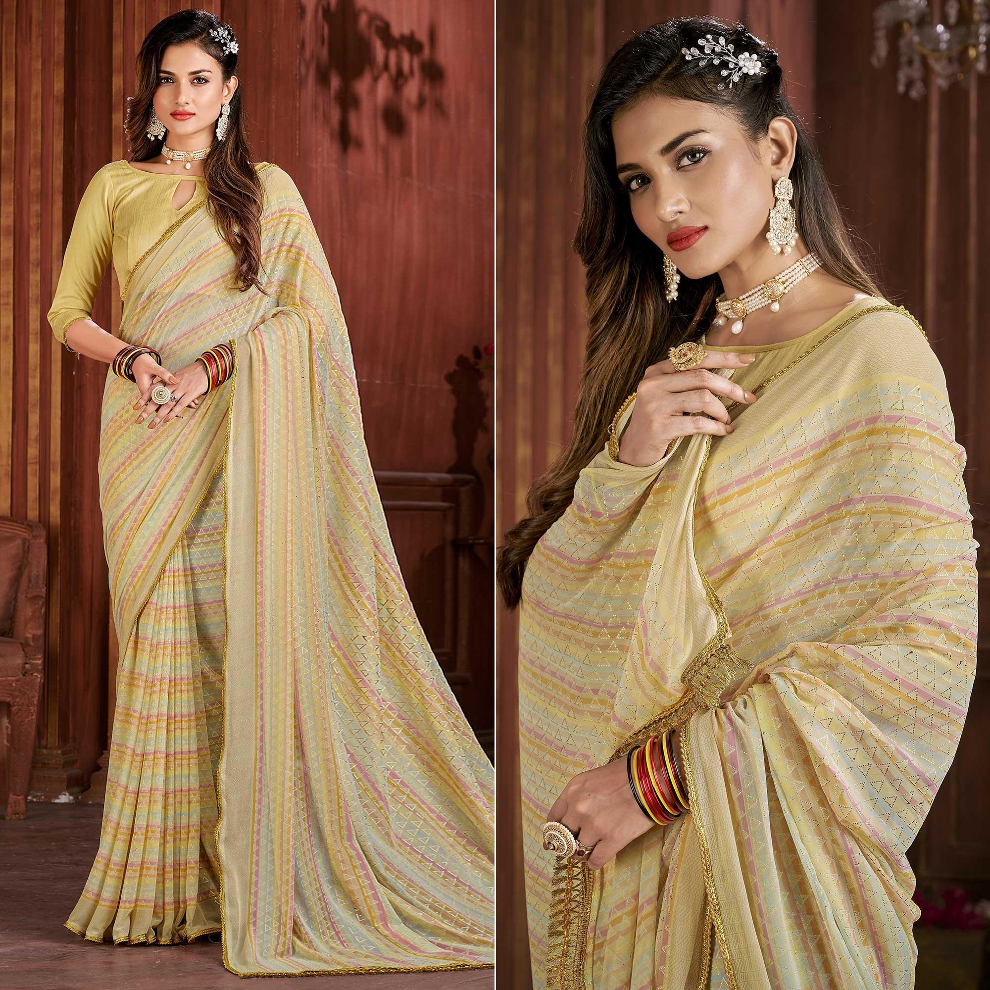 Yellow Foil Printed Georgette Saree - Peachmode