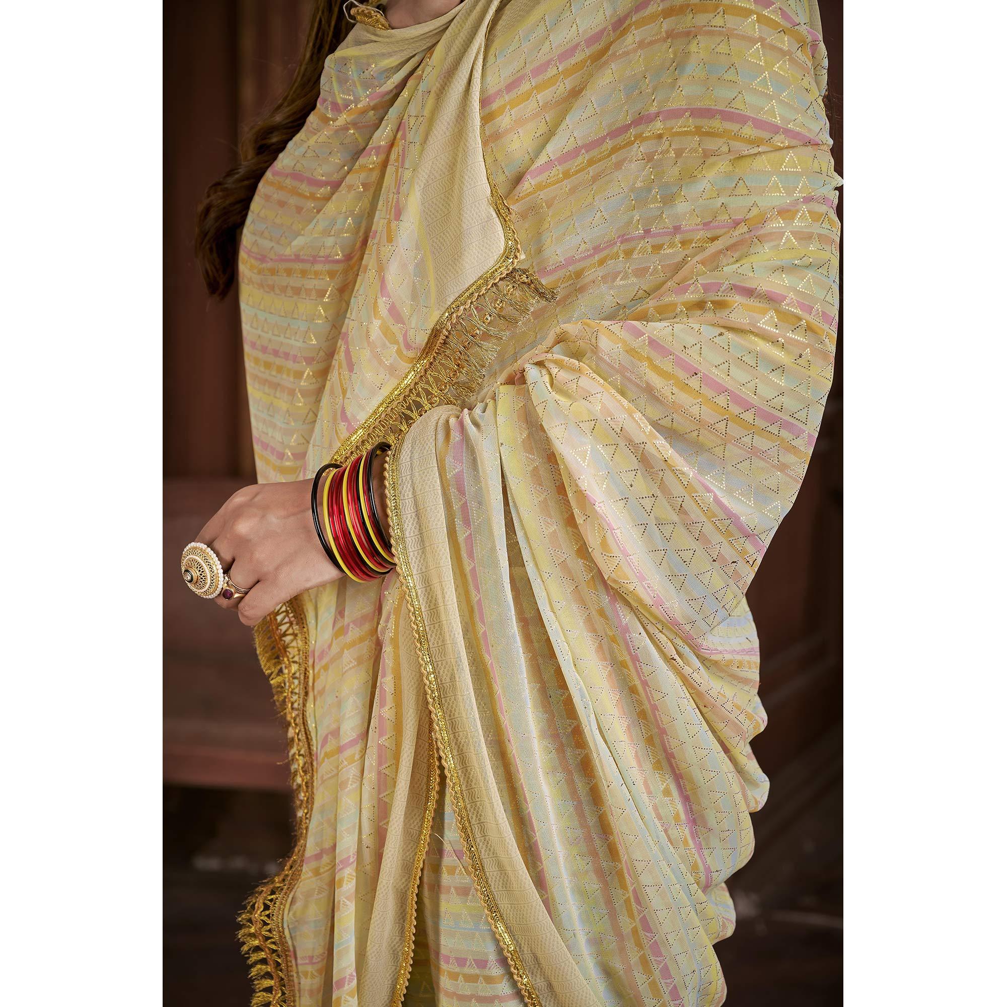 Yellow Foil Printed Georgette Saree - Peachmode