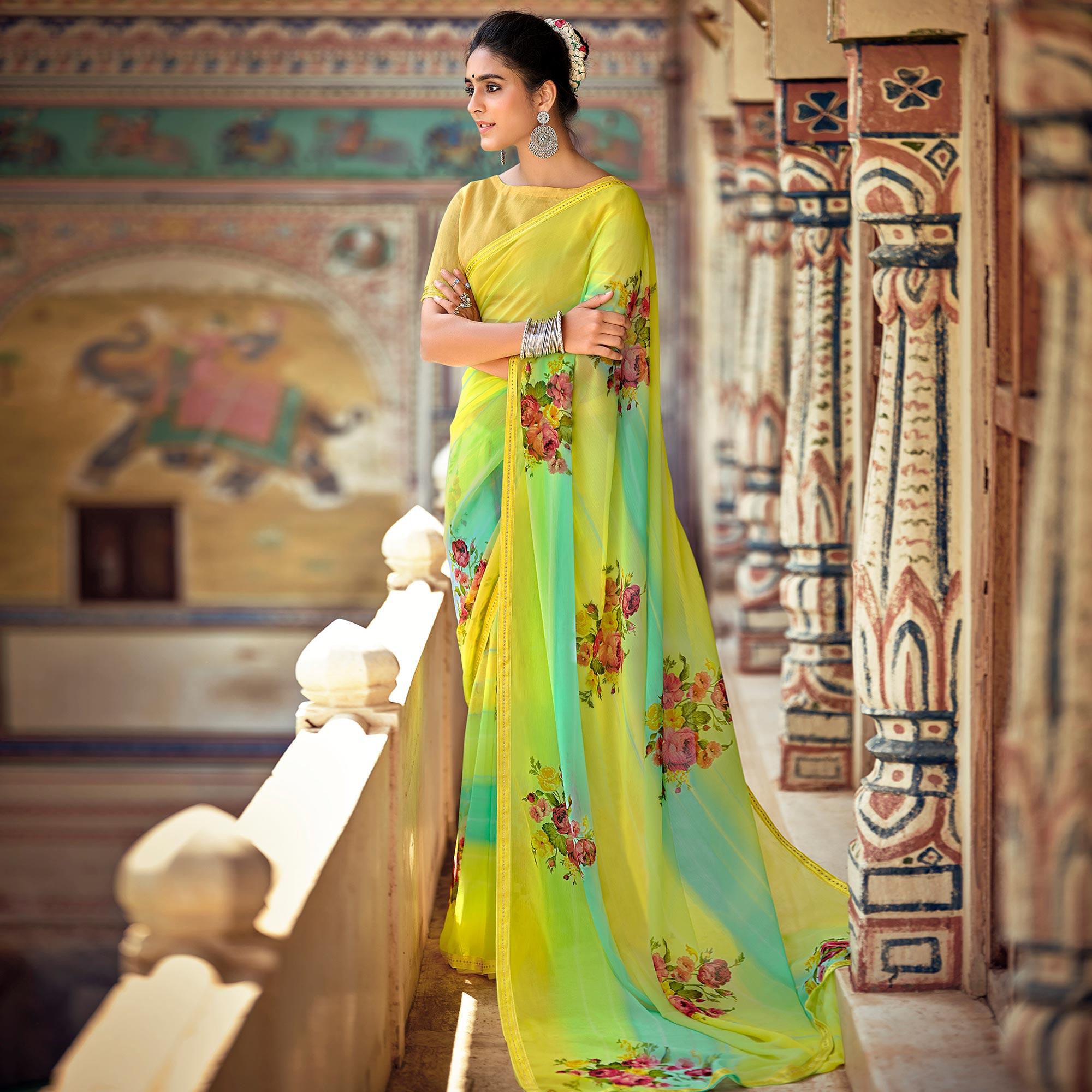 Yellow-Green Casual Wear Floral Printed Chiffon Saree With Fancy Blouse - Peachmode