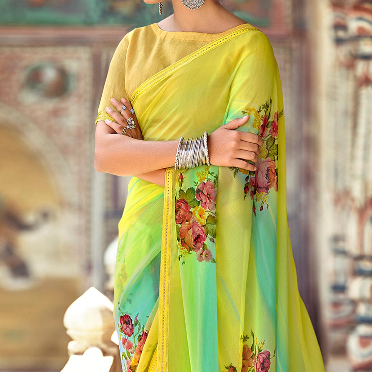 Yellow-Green Casual Wear Floral Printed Chiffon Saree With Fancy Blouse - Peachmode