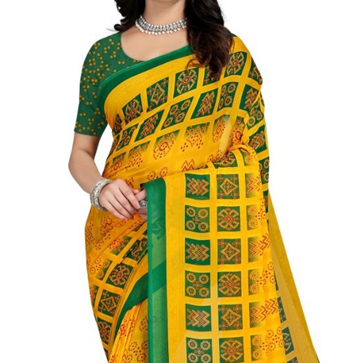 Yellow-Green Casual Wear Printed Georgette Saree - Peachmode