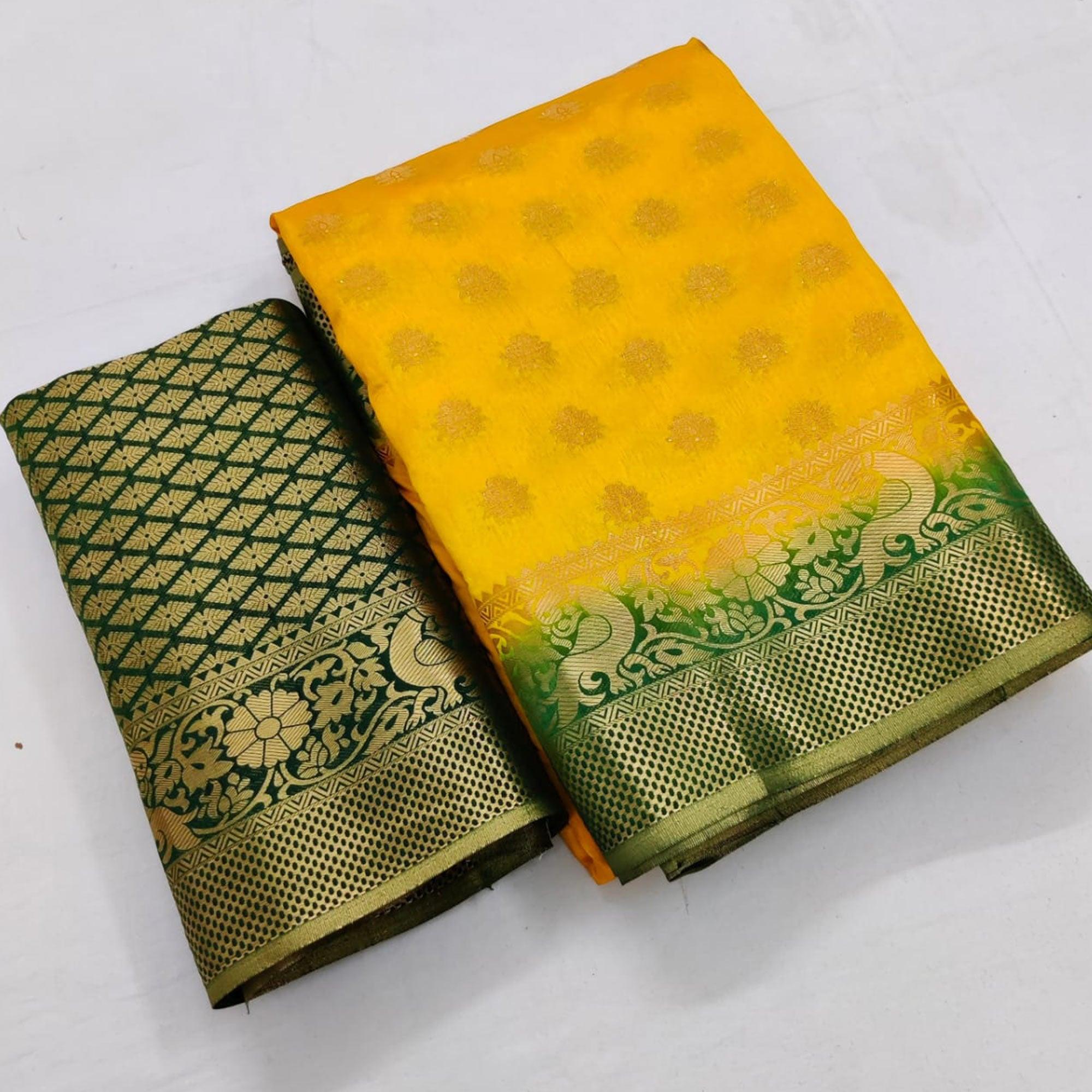 Yellow-Green Festive Wear Woven Zari Pallu Art Silk Saree - Peachmode