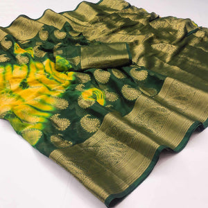 Yellow-Green Woven Jacquard Saree With Tassels - Peachmode