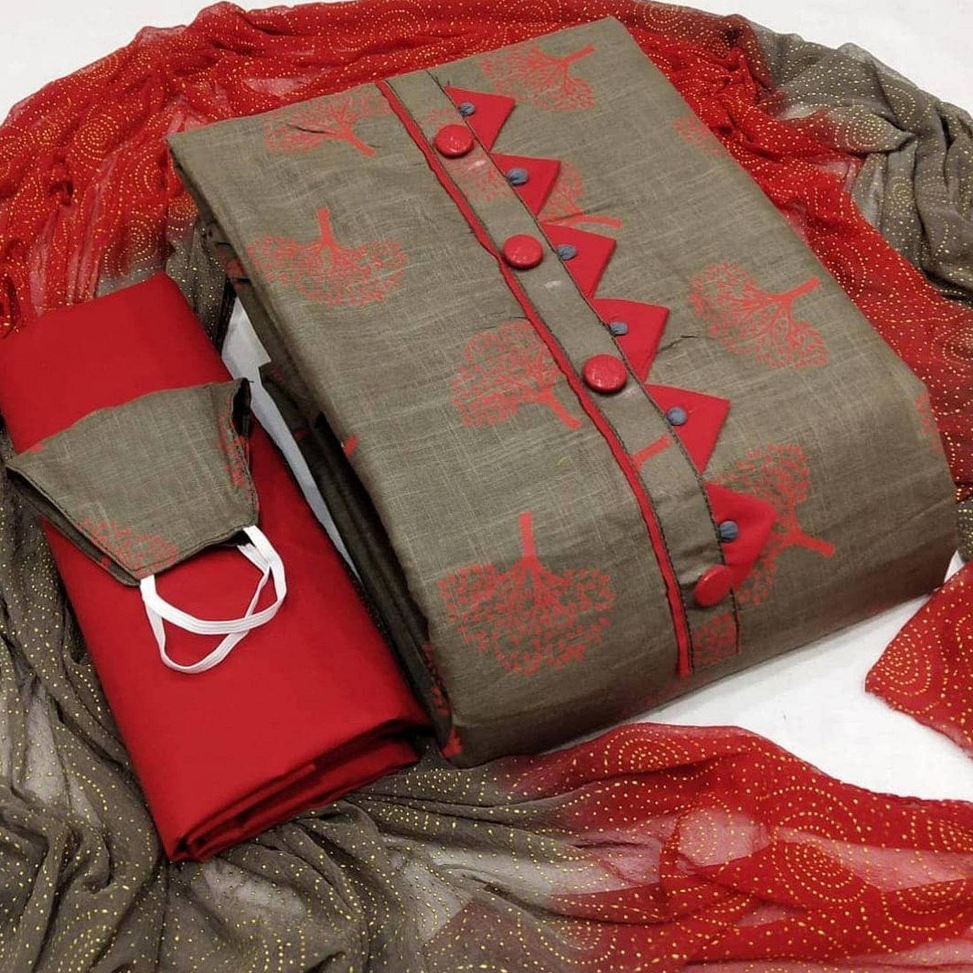 Yellow-Grey Casual Wear Printed-Embroidered Pure Cotton Dress Material - Pack of 2 - Peachmode