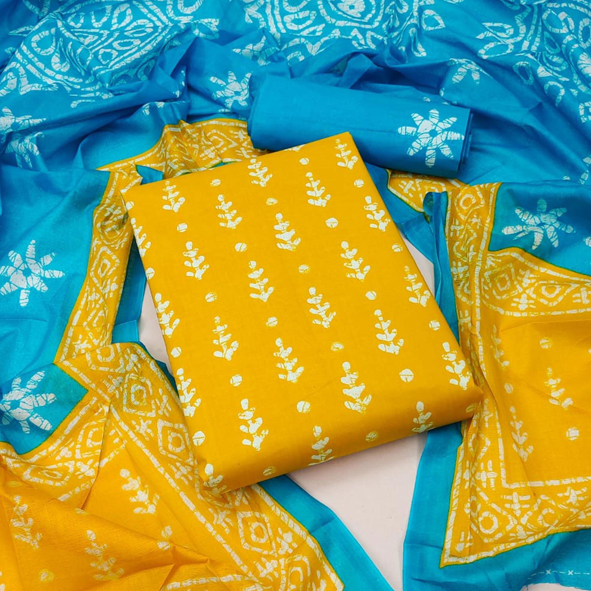 Yellow Ikkat Printed Pure Cotton Dress Material - Peachmode