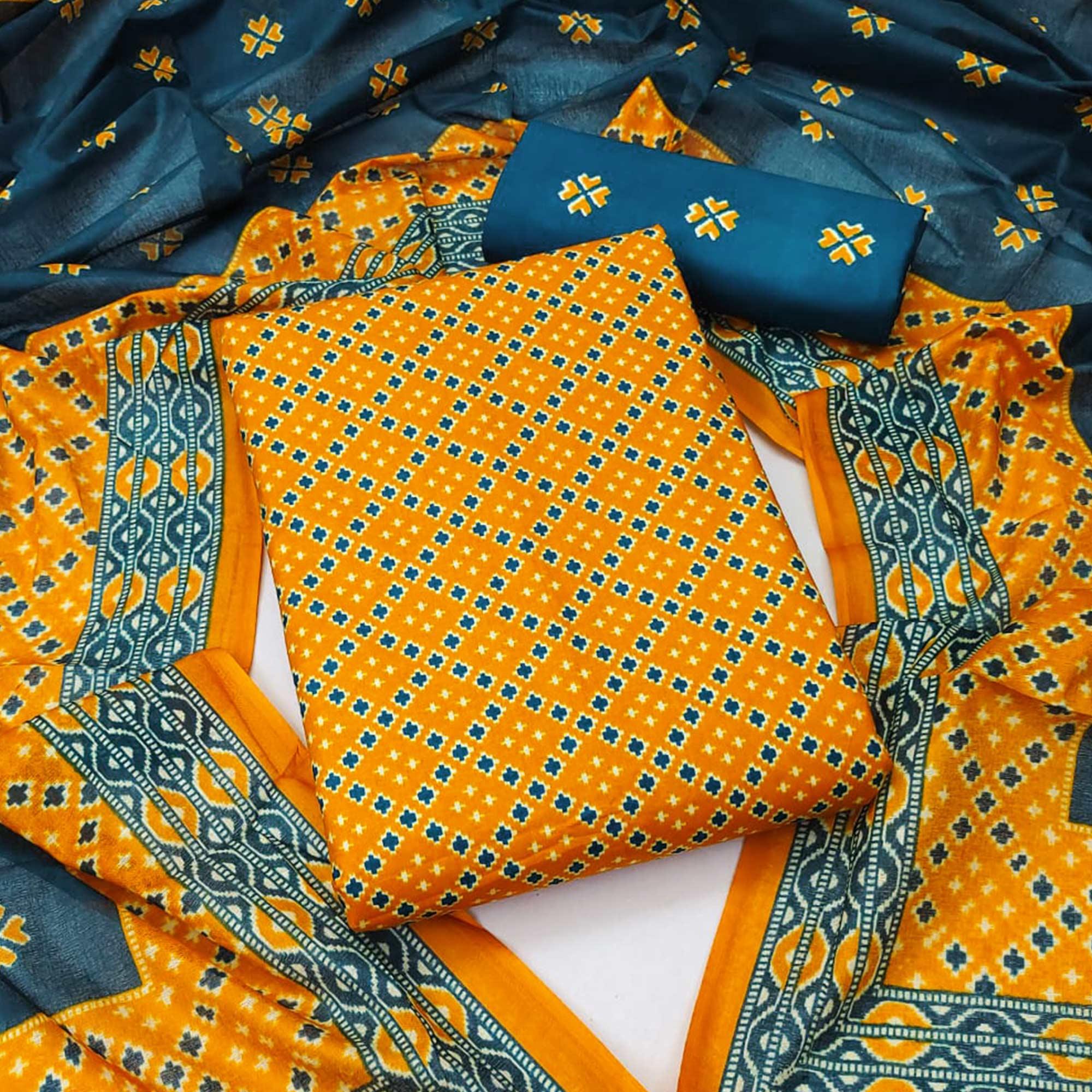 Yellow Ikkat Printed Pure Cotton Dress Material - Peachmode