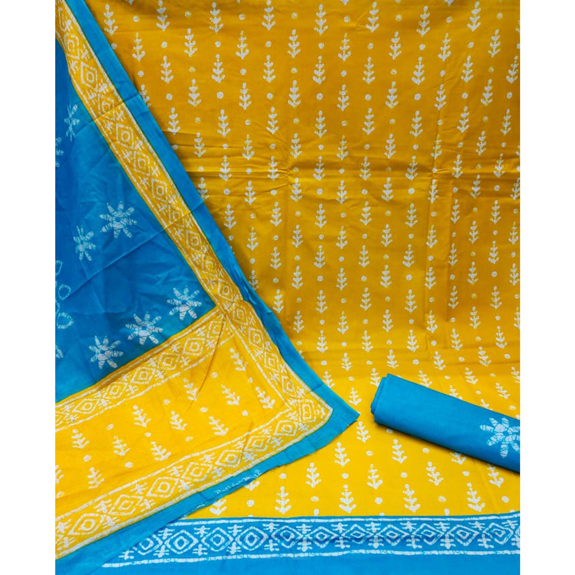 Yellow Ikkat Printed Pure Cotton Dress Material - Peachmode