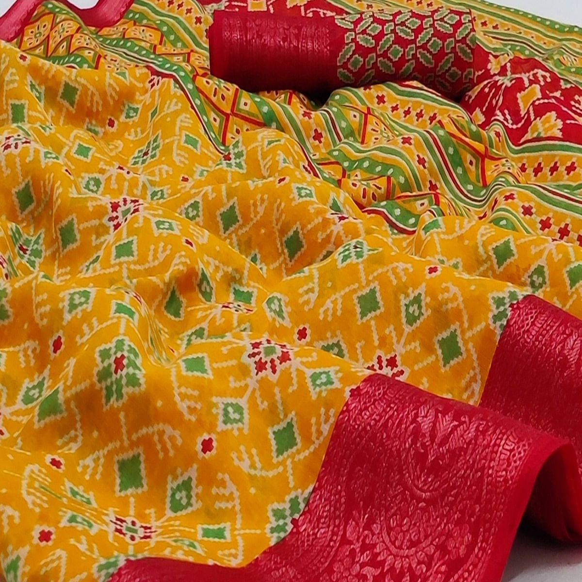 Yellow Ikkat Printed Pure Cotton Saree - Peachmode