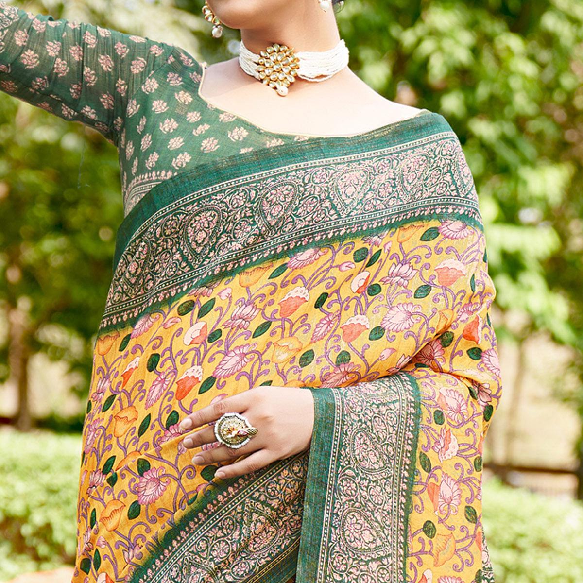 Yellow Kalamkari Digital Printed Linen Saree With Tassels - Peachmode