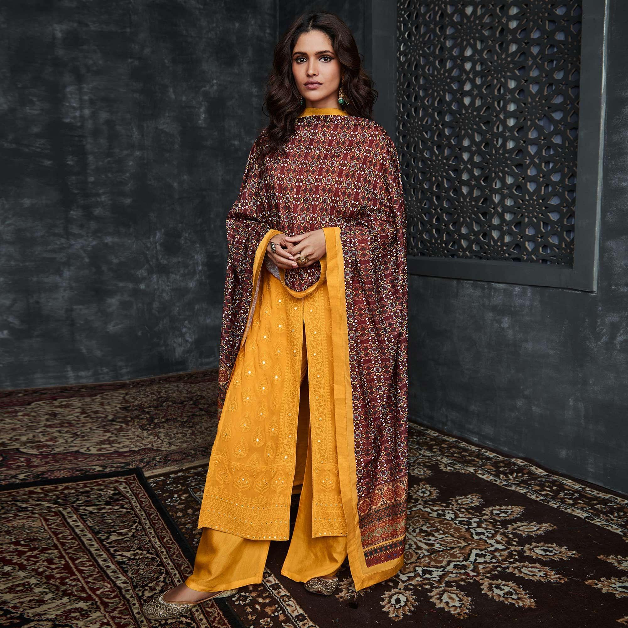 Yellow Lakhnavi Embroidery Georgette Partywear Palazzo Suit - Peachmode