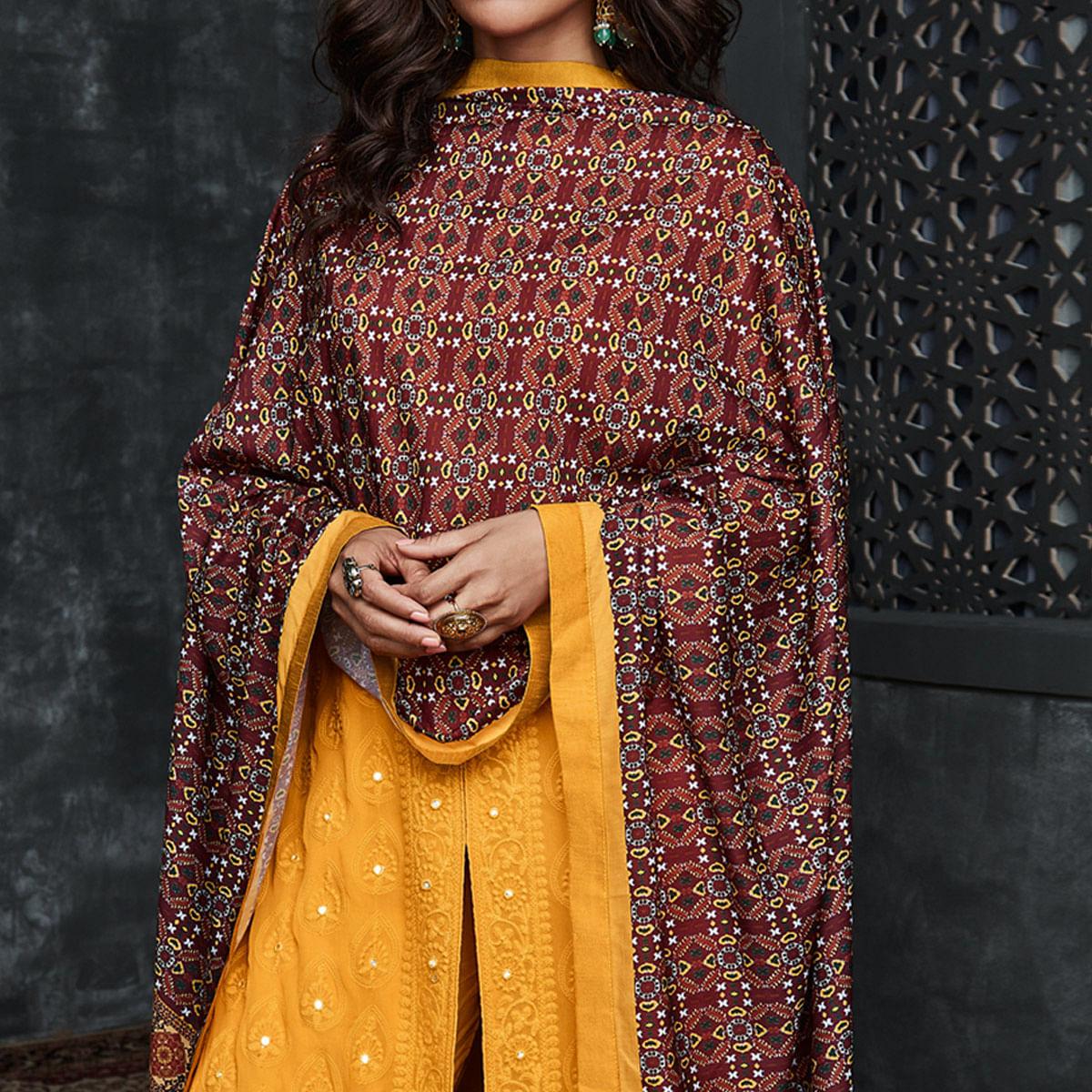 Yellow Lakhnavi Embroidery Georgette Partywear Palazzo Suit - Peachmode