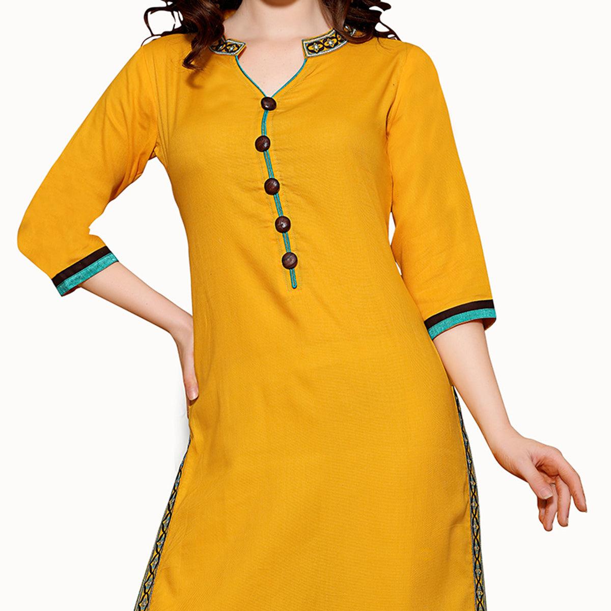 Yellow Long Kurti with Thread Embroidery - Peachmode