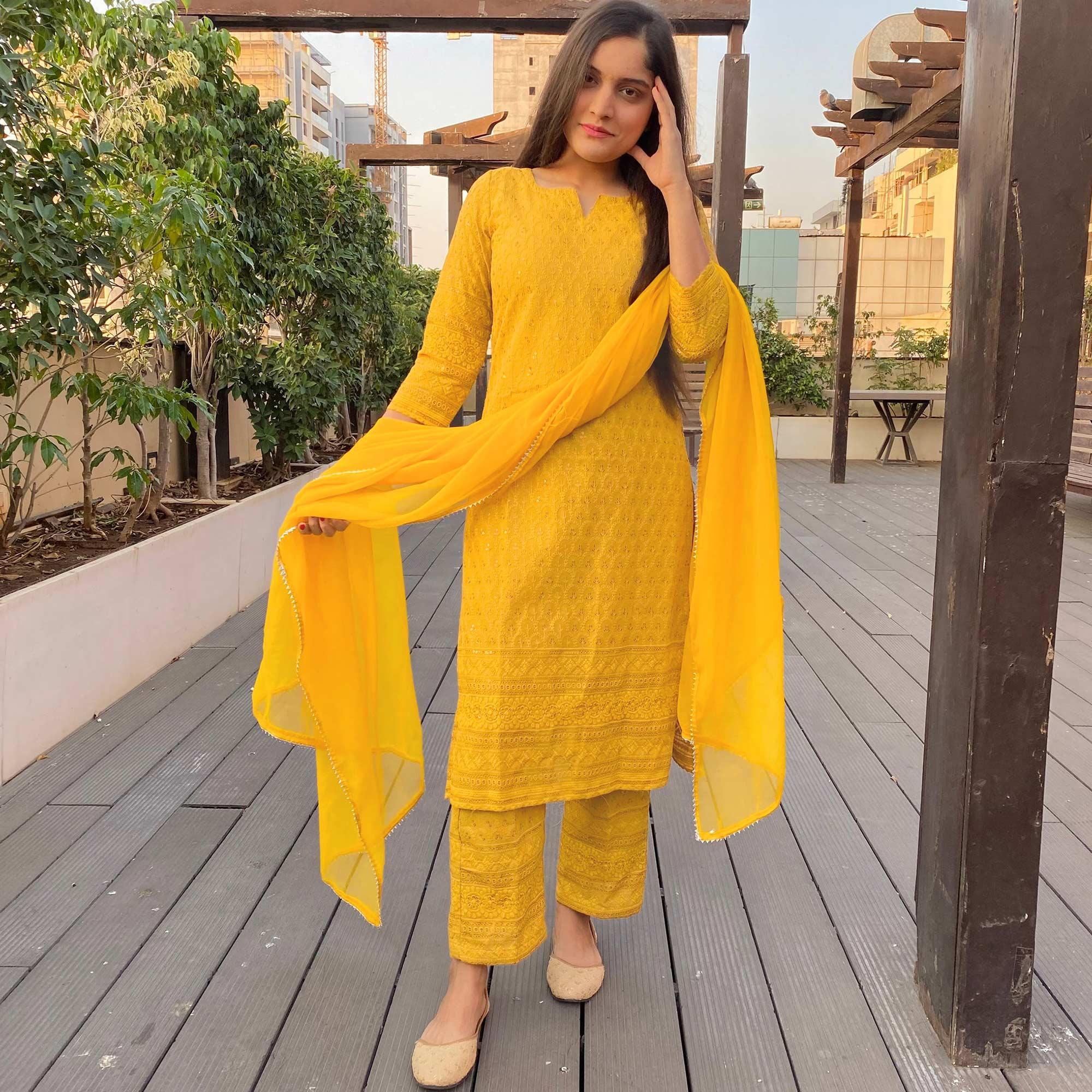 Yellow Lucknowi Chikankari Work Rayon Kurti Pant Set With Dupatta - Peachmode