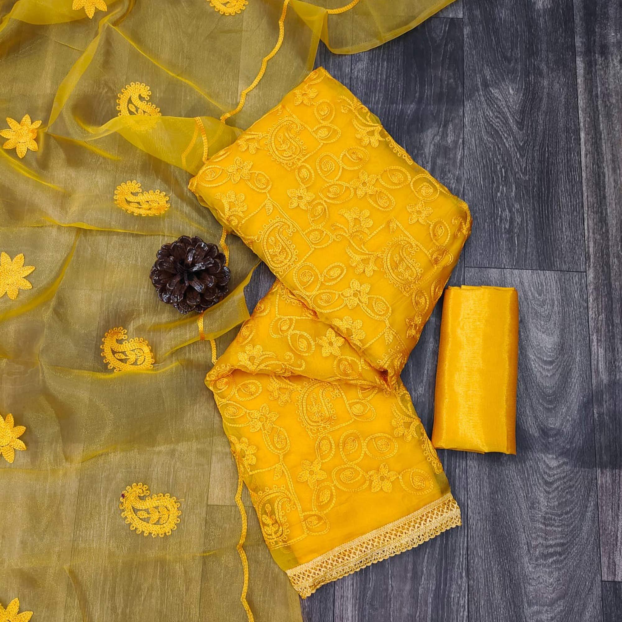 Yellow Lucknowi Embroidered Organza Dress Material - Peachmode