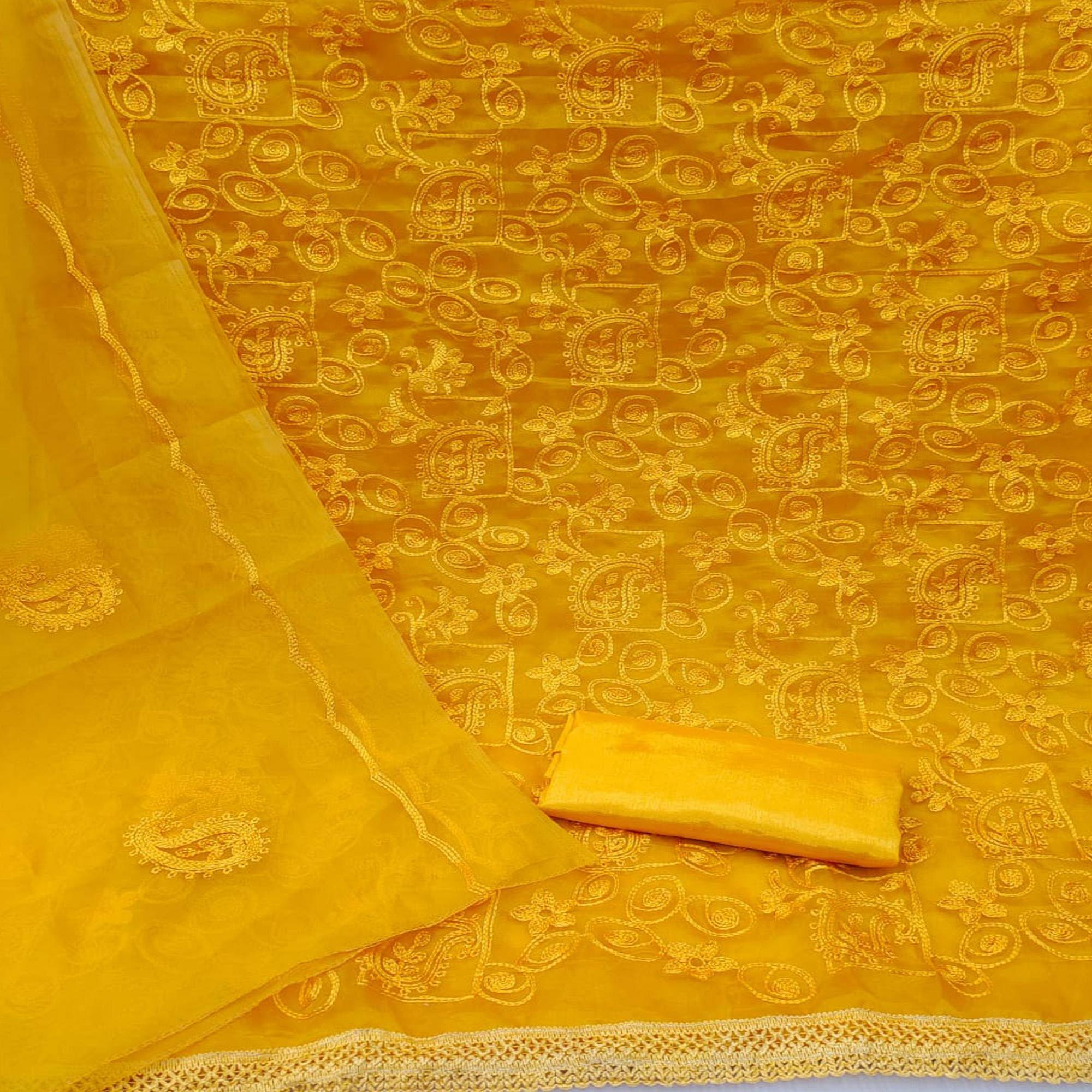 Yellow Lucknowi Embroidered Organza Dress Material - Peachmode