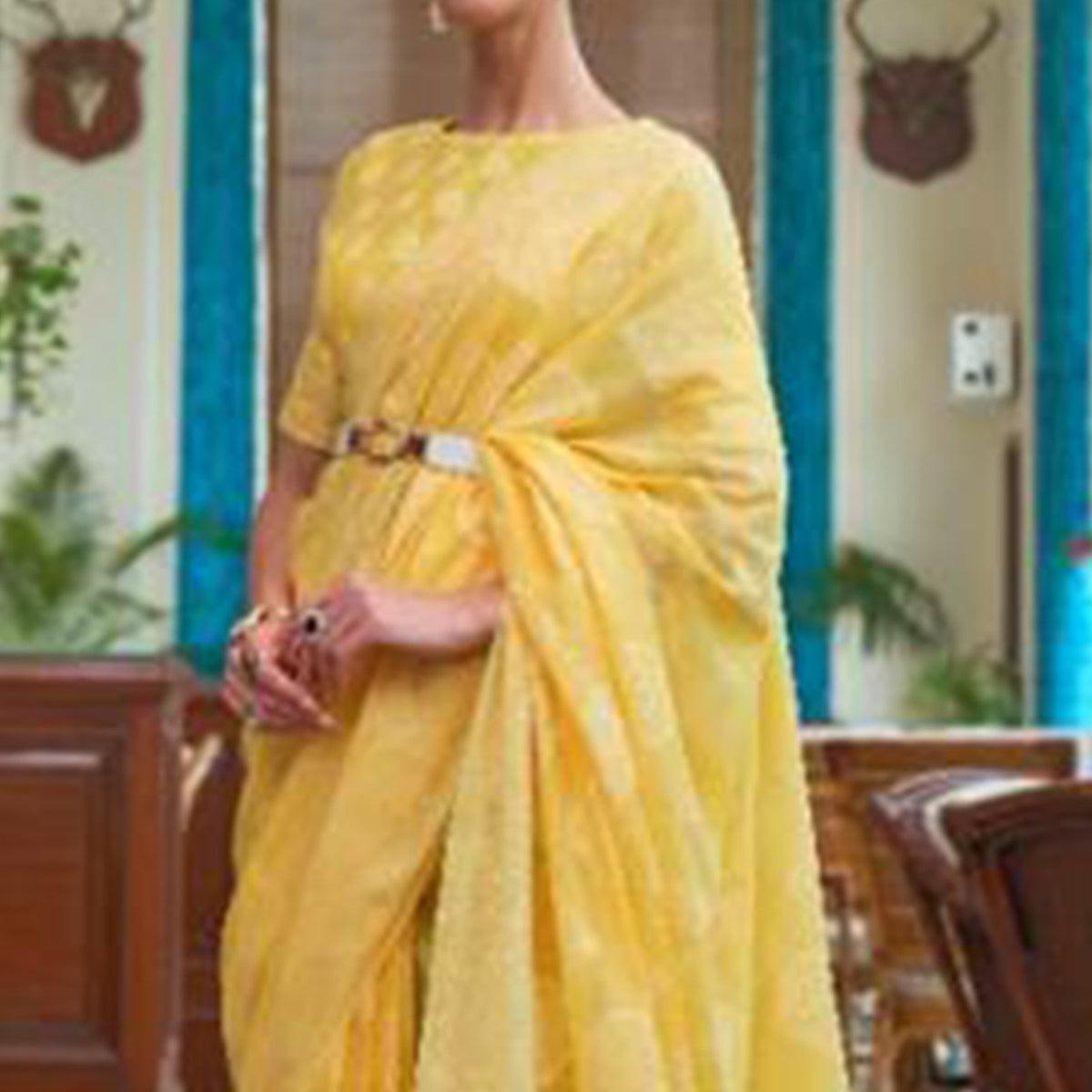 Yellow Lucknowi Work Chanderi Saree - Peachmode