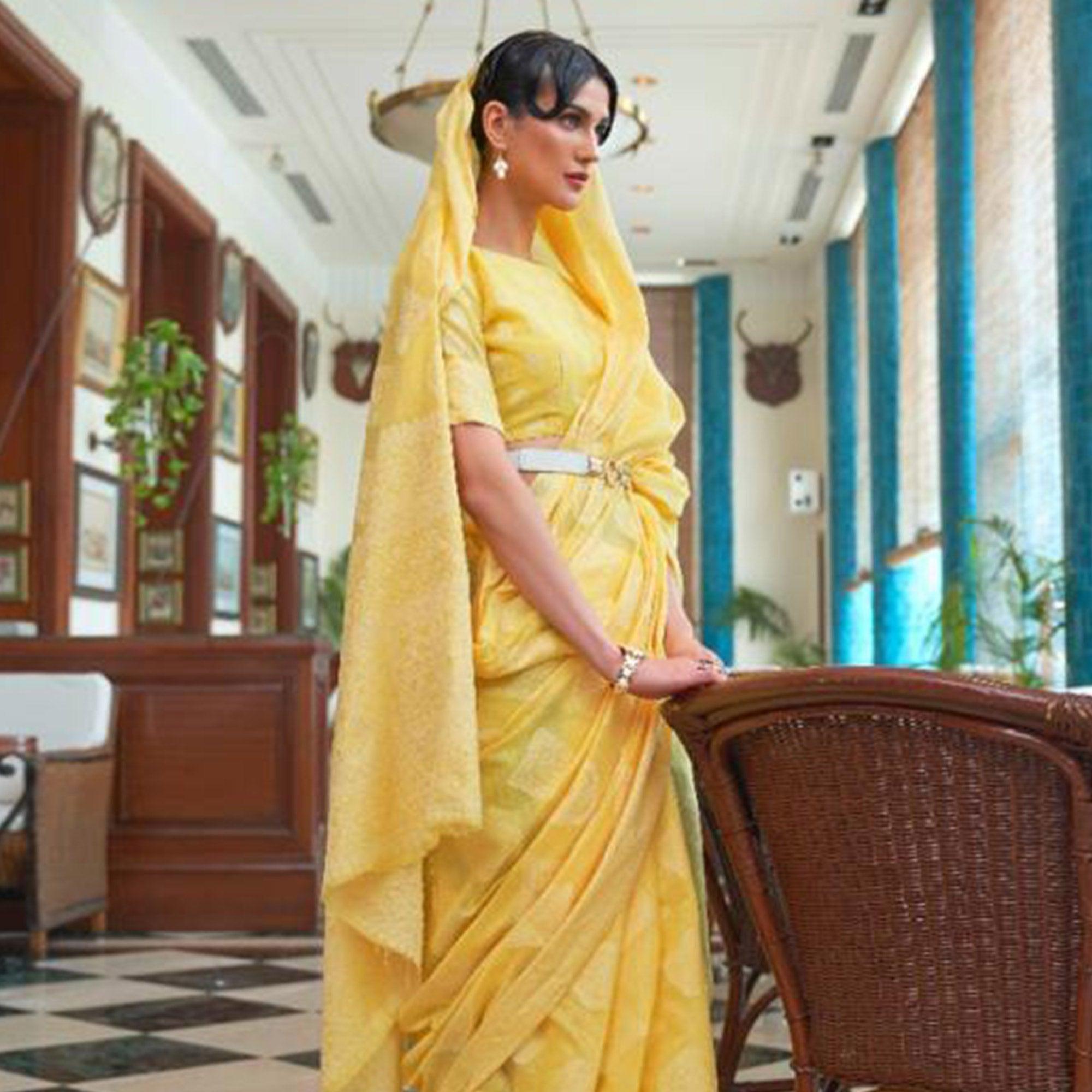 Yellow Lucknowi Work Chanderi Saree - Peachmode