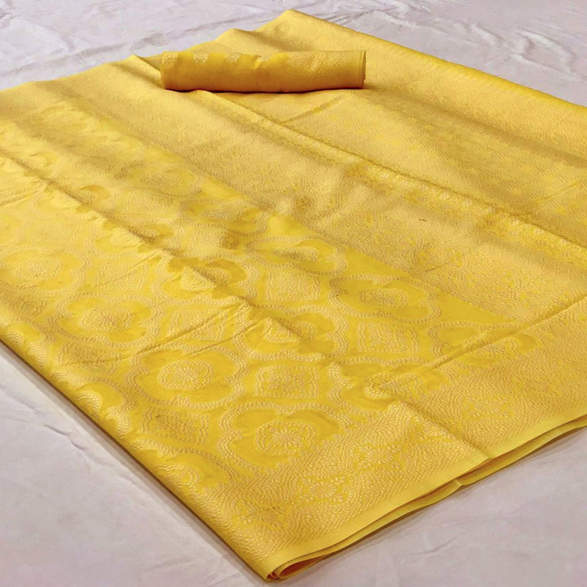 Yellow Lucknowi Work Chanderi Saree - Peachmode