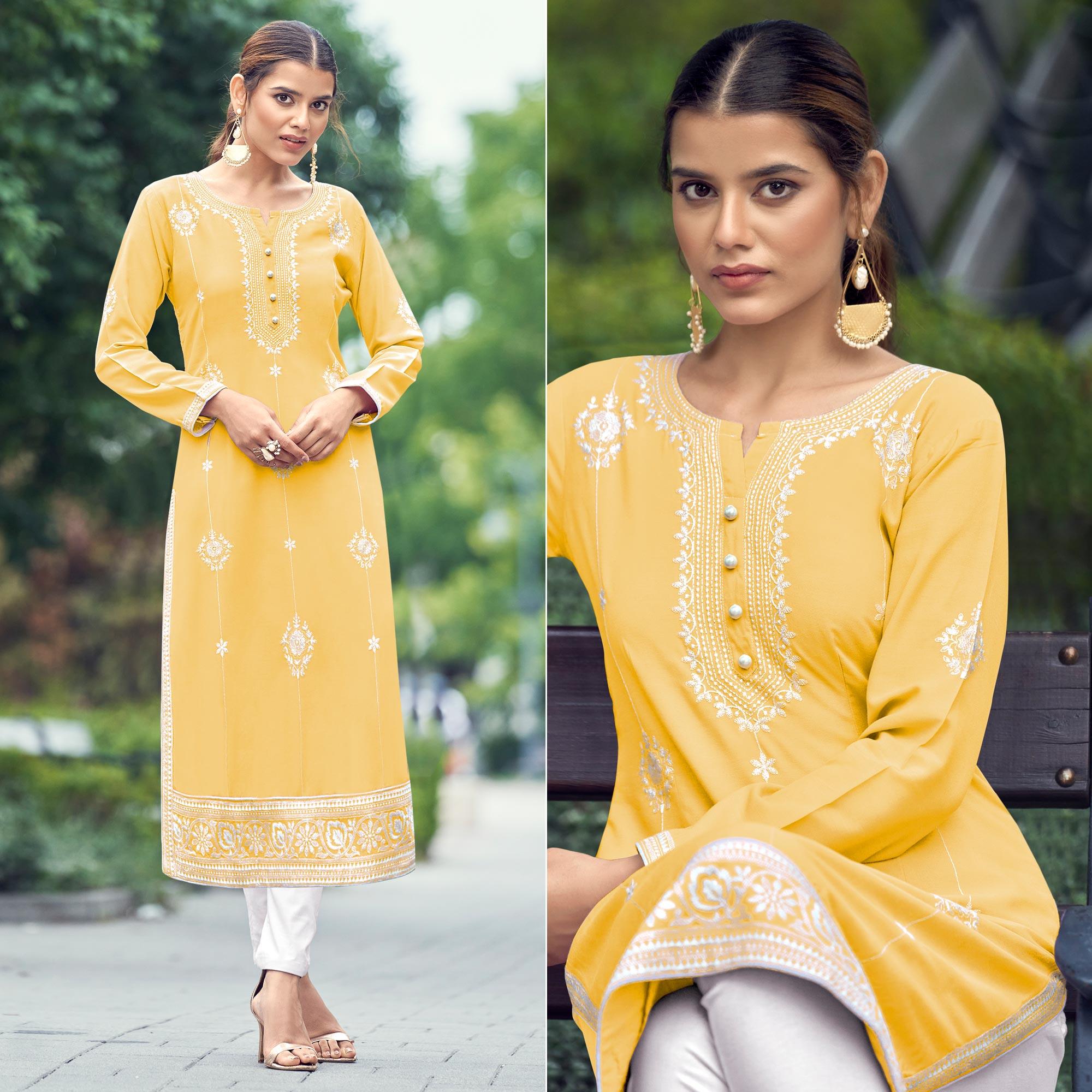 Yellow Lucknowi Work Rayon Kurti - Peachmode