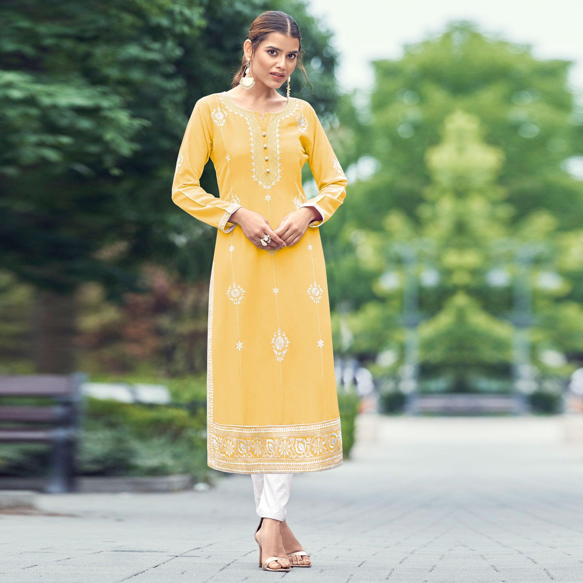 Yellow Lucknowi Work Rayon Kurti - Peachmode