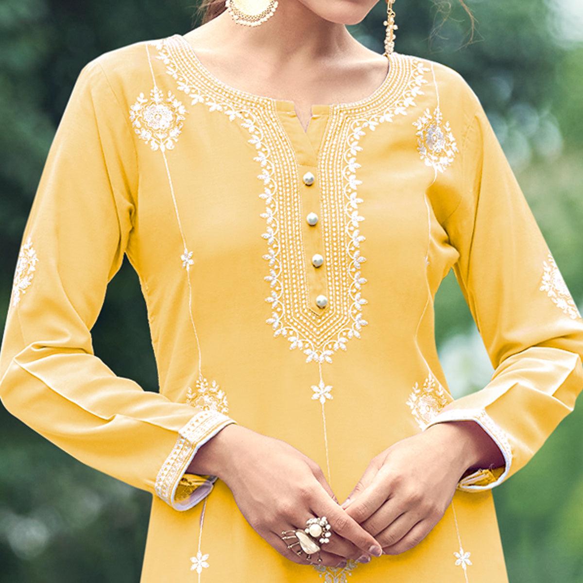 Yellow Lucknowi Work Rayon Kurti - Peachmode