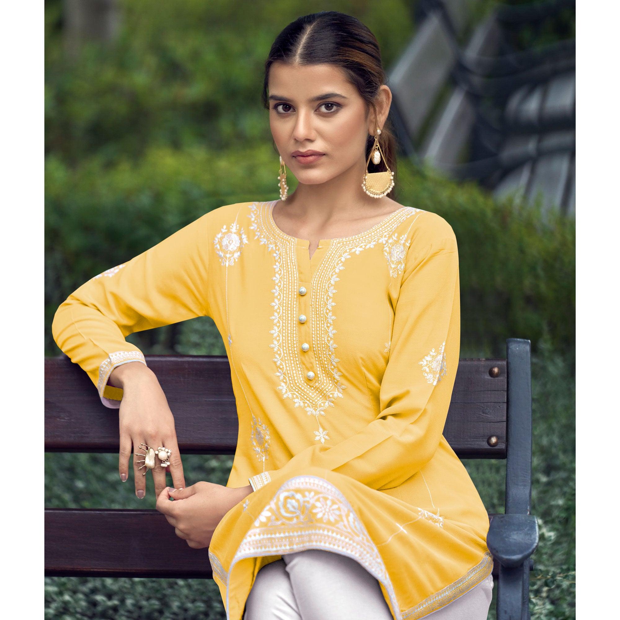 Yellow Lucknowi Work Rayon Kurti - Peachmode