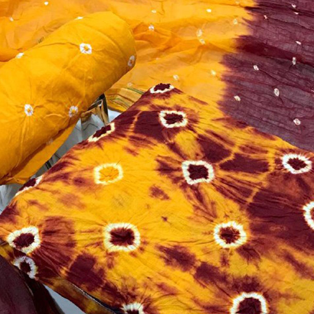 Yellow-Maroon Bandhani Printed Pure Cotton Dress Material - Peachmode