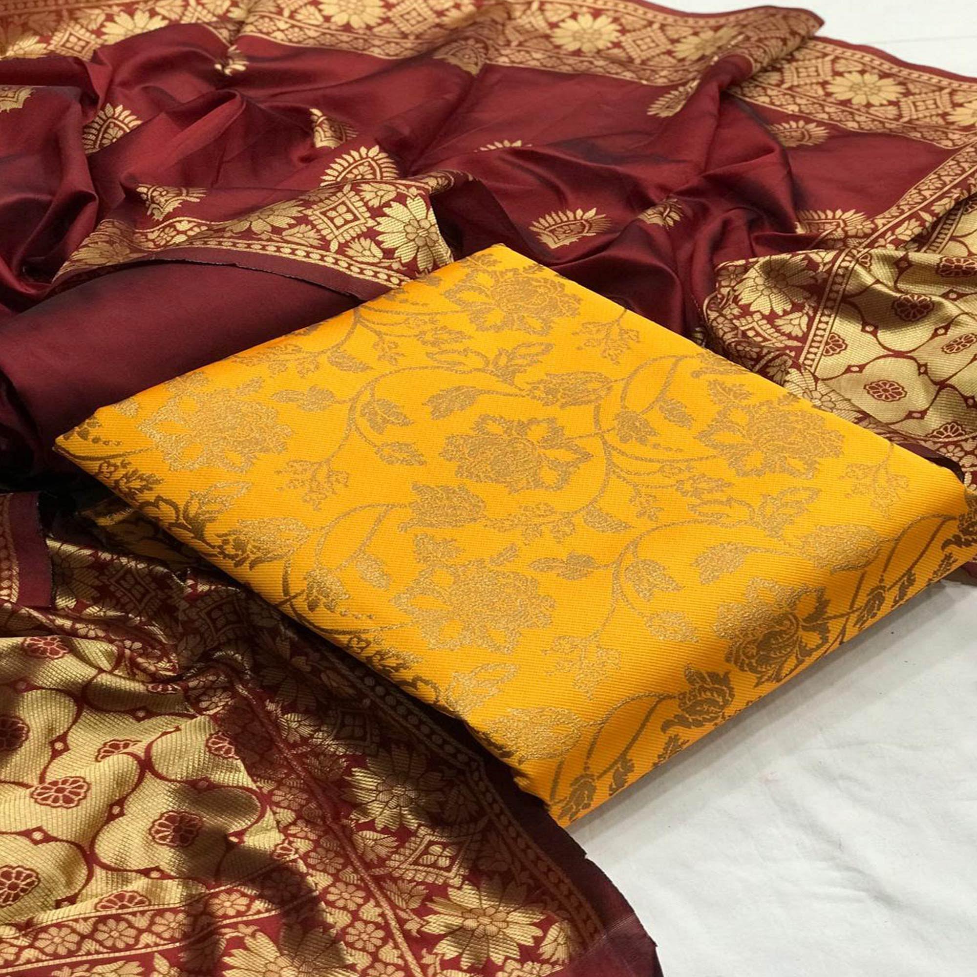 Yellow-Maroon Festive Wear Woven Banarasi Silk Dress Material - Peachmode