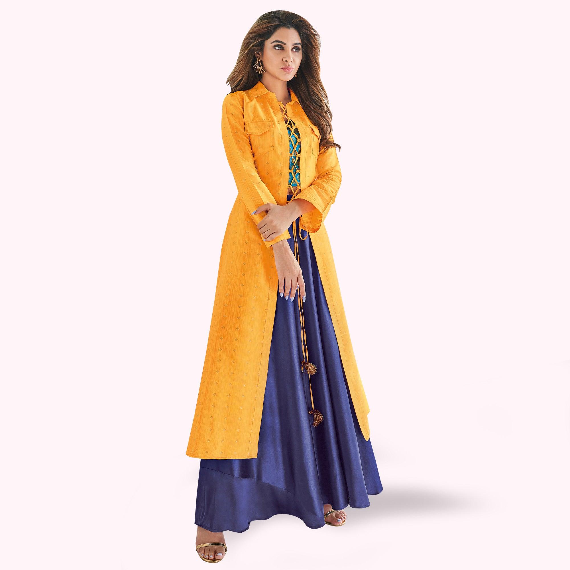 Yellow-Navy Blue Printed Raw Silk Lehenga Choli With Koti - Peachmode