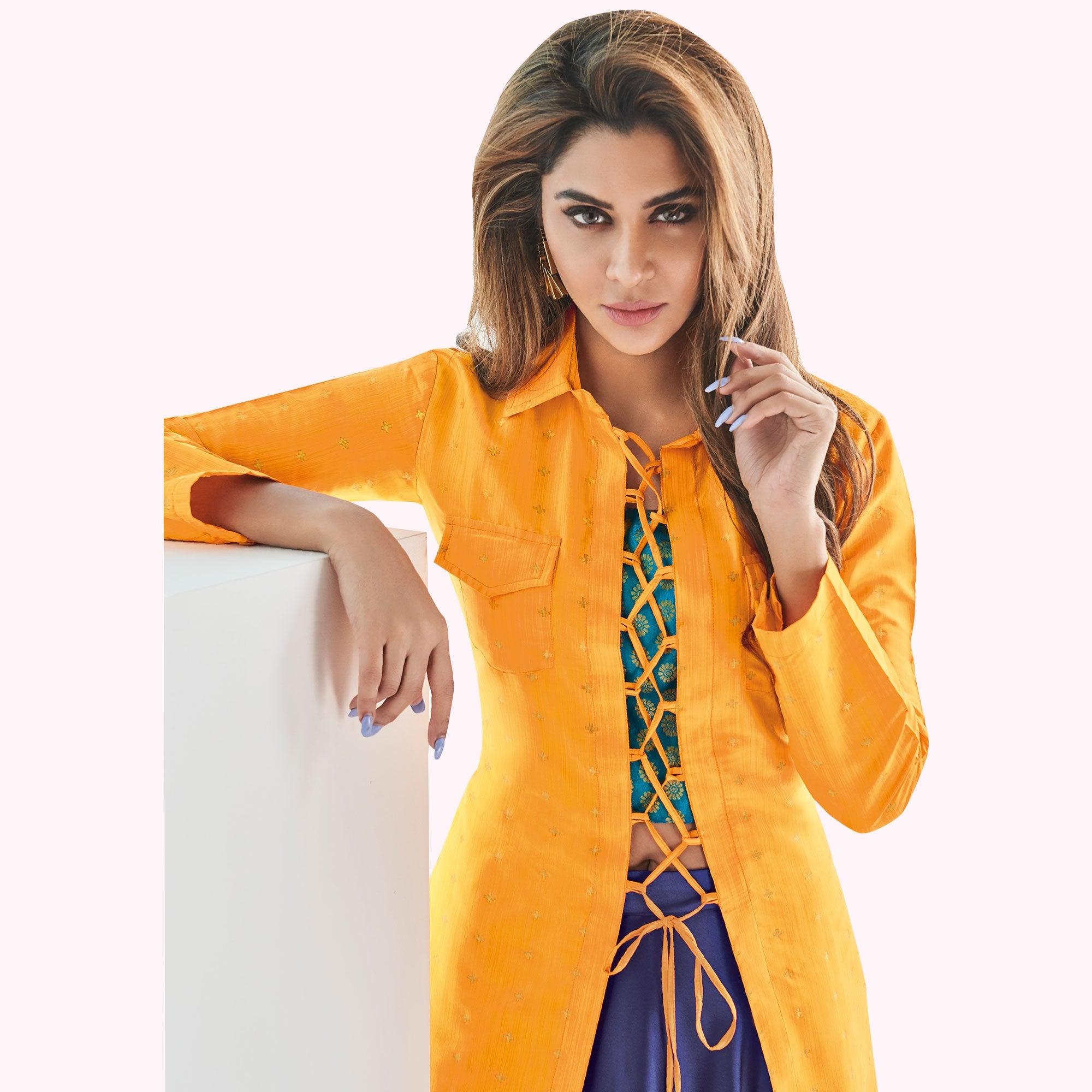 Yellow-Navy Blue Printed Raw Silk Lehenga Choli With Koti - Peachmode