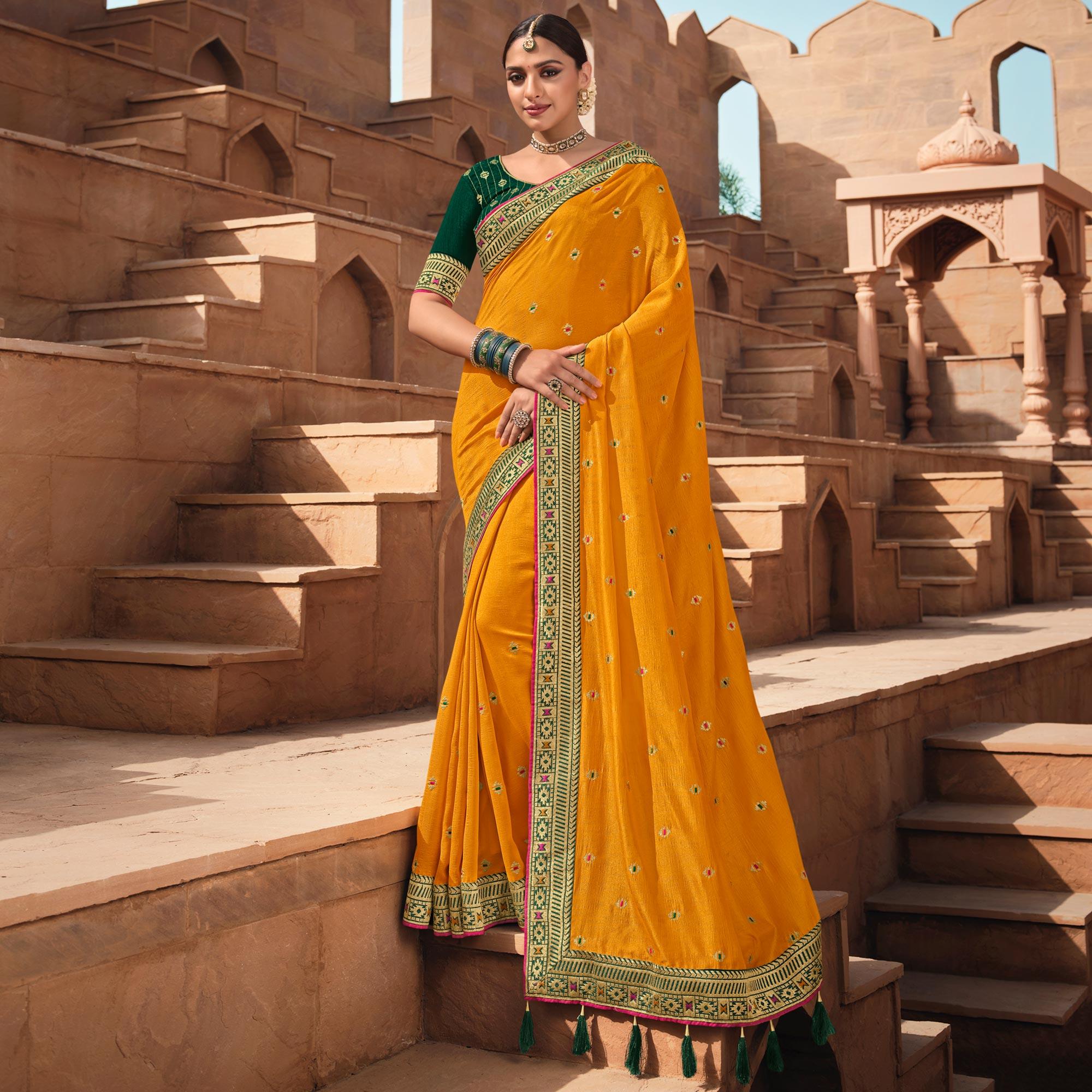 Yellow Party Wear Embroidered Art Silk Saree - Peachmode