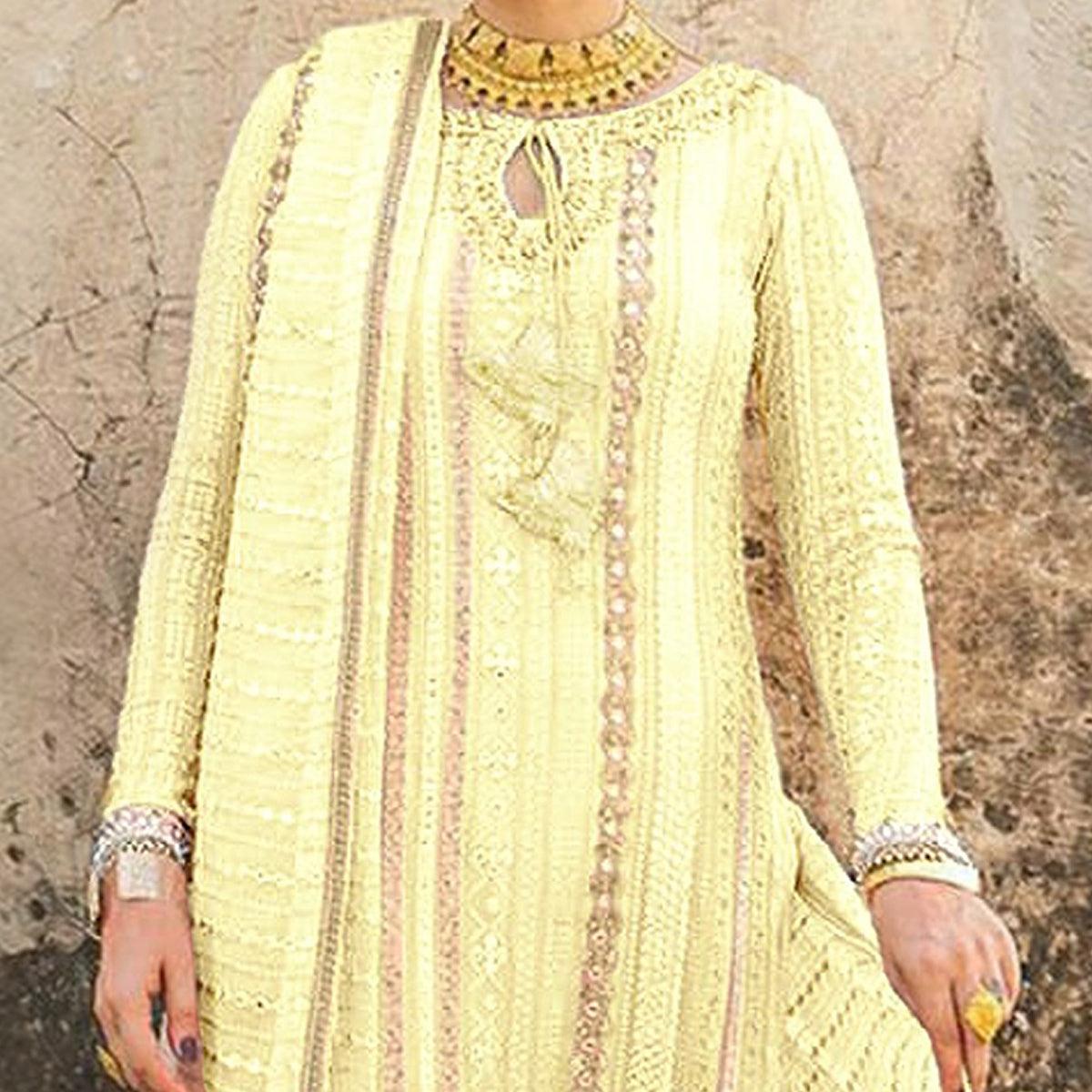 Yellow Party Wear Embroidered Georgette Suit - Peachmode