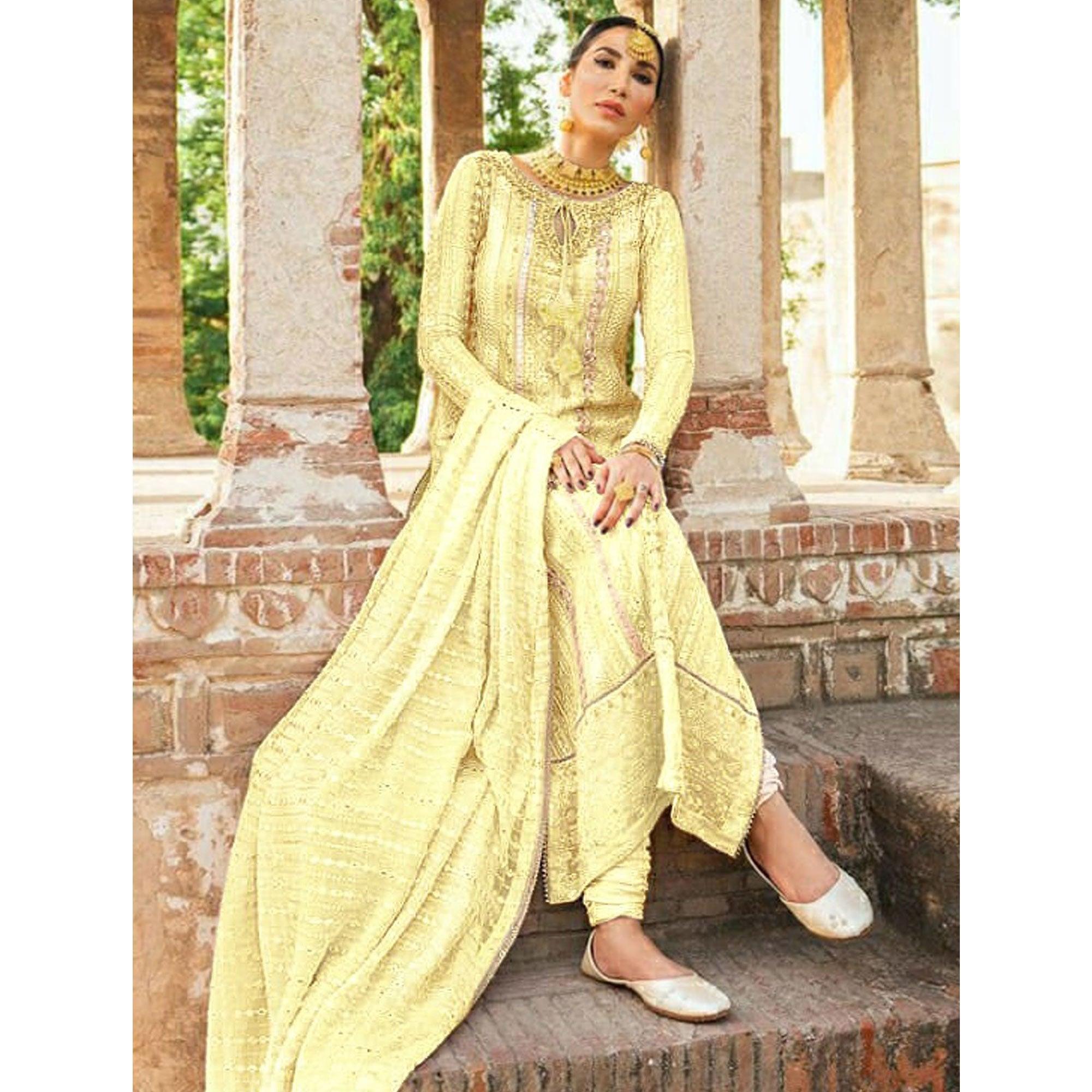 Yellow Party Wear Embroidered Georgette Suit - Peachmode