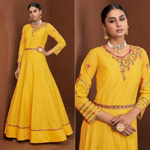 Yellow Party Wear Embroidered Muslin Cotton Silk Gown - Peachmode