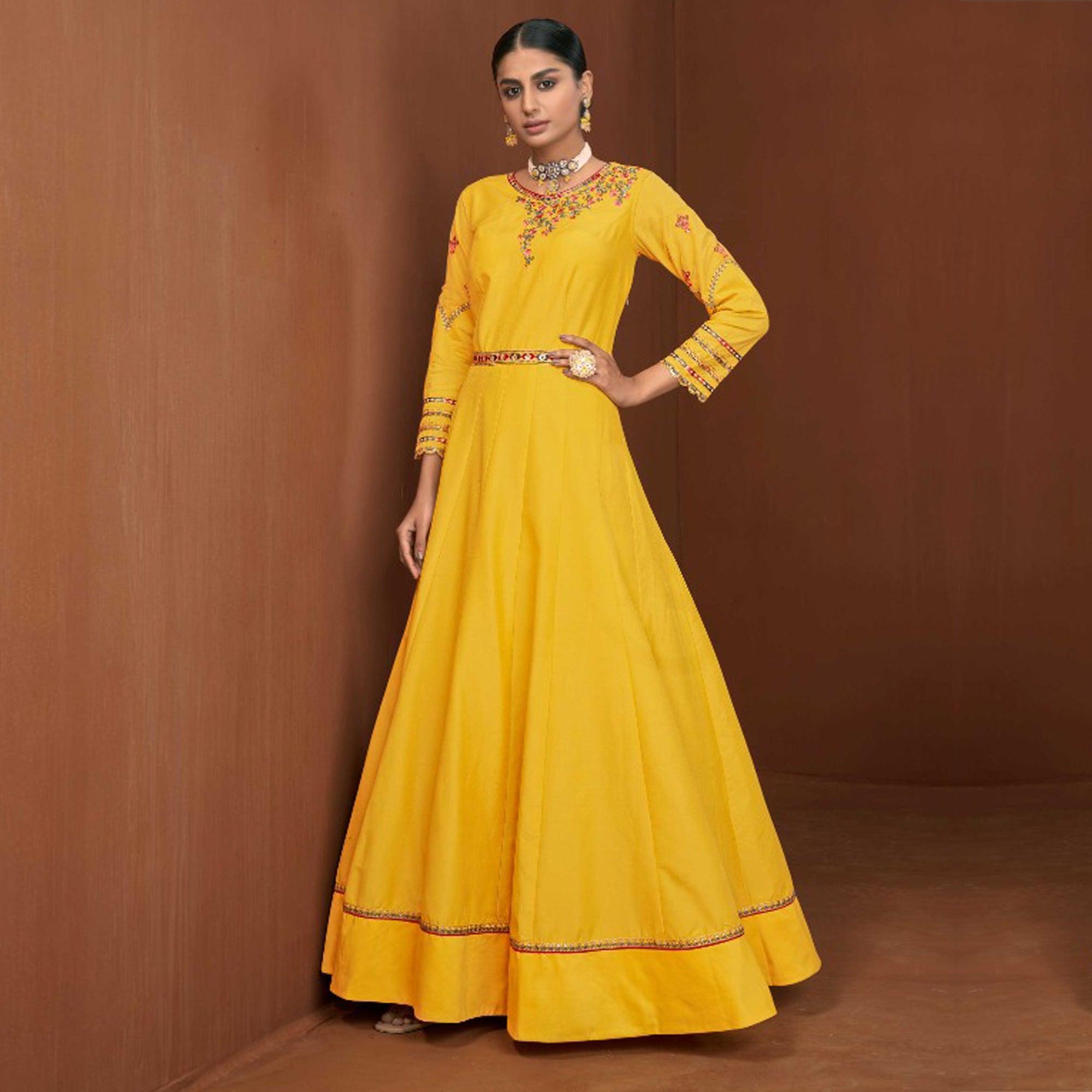 Yellow Party Wear Embroidered Muslin Cotton Silk Gown - Peachmode