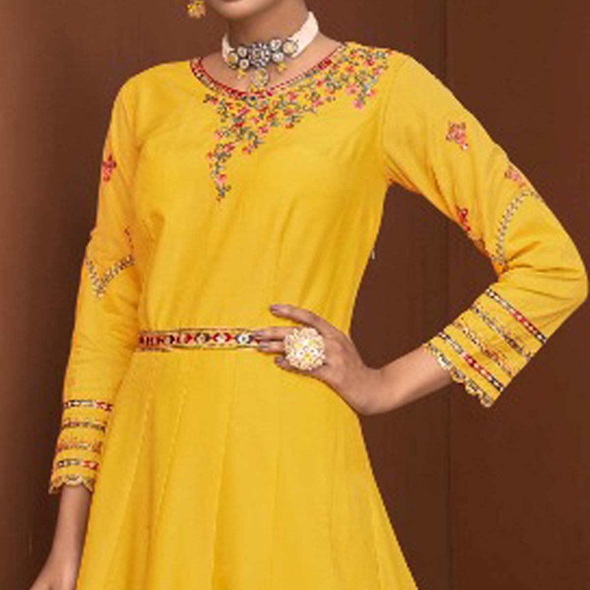 Yellow Party Wear Embroidered Muslin Cotton Silk Gown - Peachmode