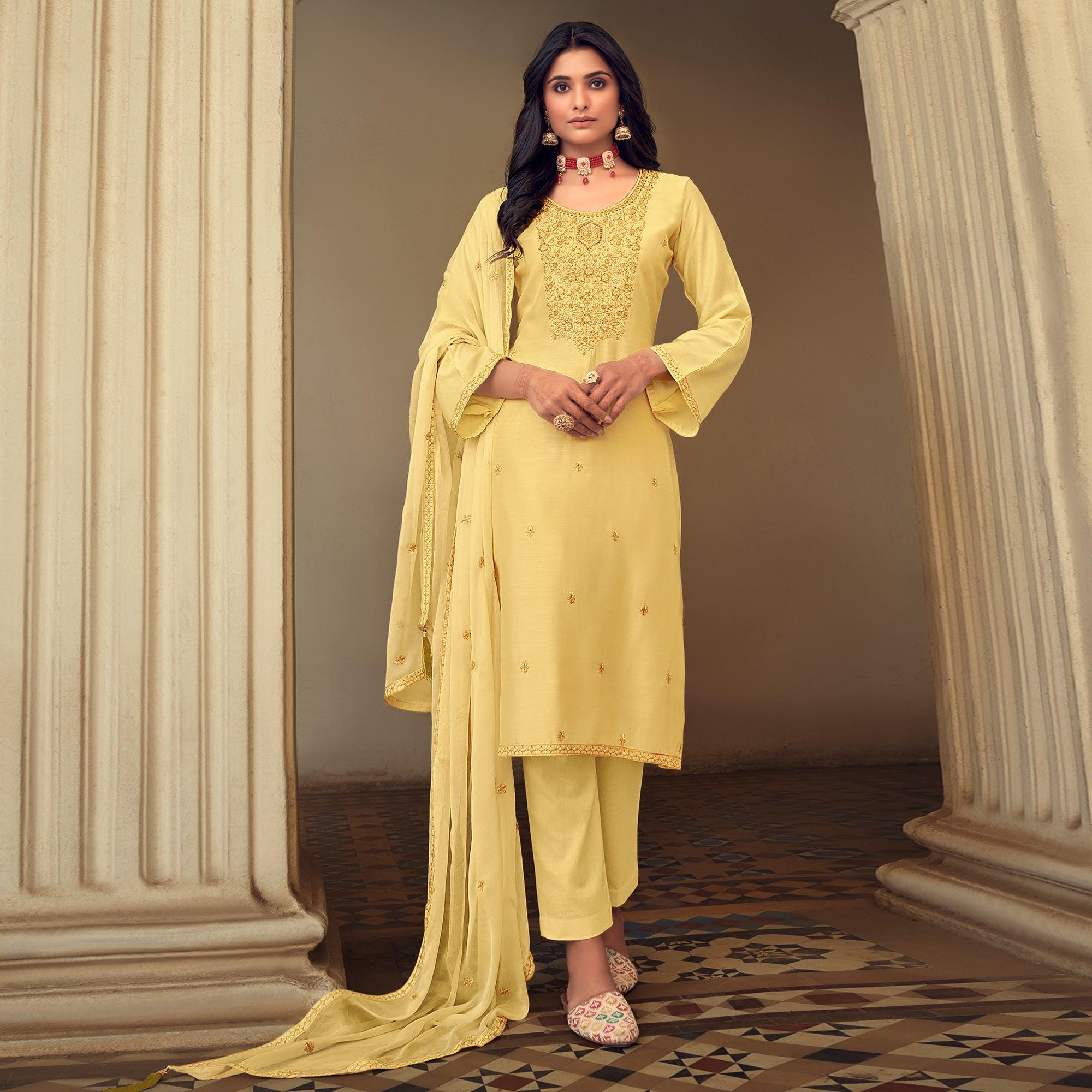 Yellow Party Wear Embroidered Muslin Suit - Peachmode
