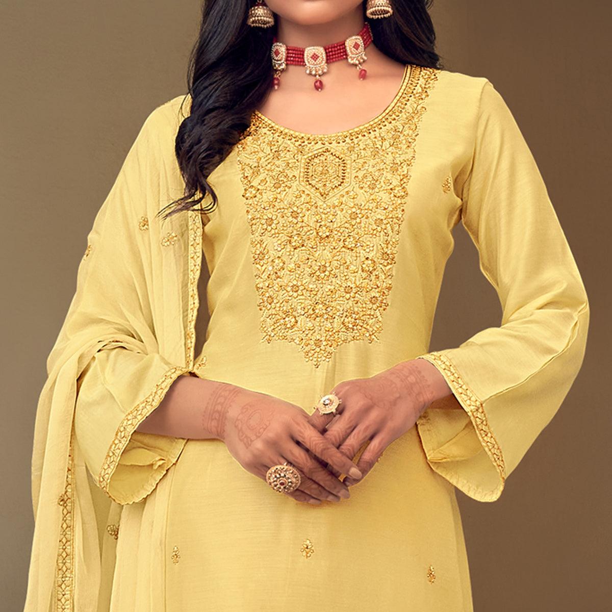 Yellow Party Wear Embroidered Muslin Suit - Peachmode