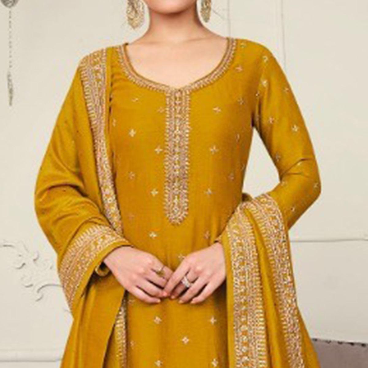 Yellow Party Wear Embroidered Silk Georgette Palazzo Suit - Peachmode